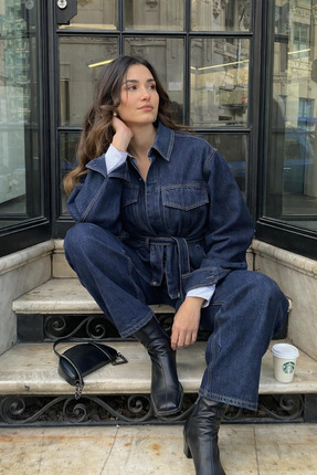 Perryes Kadın Bağlamalı Denim Takım Oversize Ceket ve Pantolon