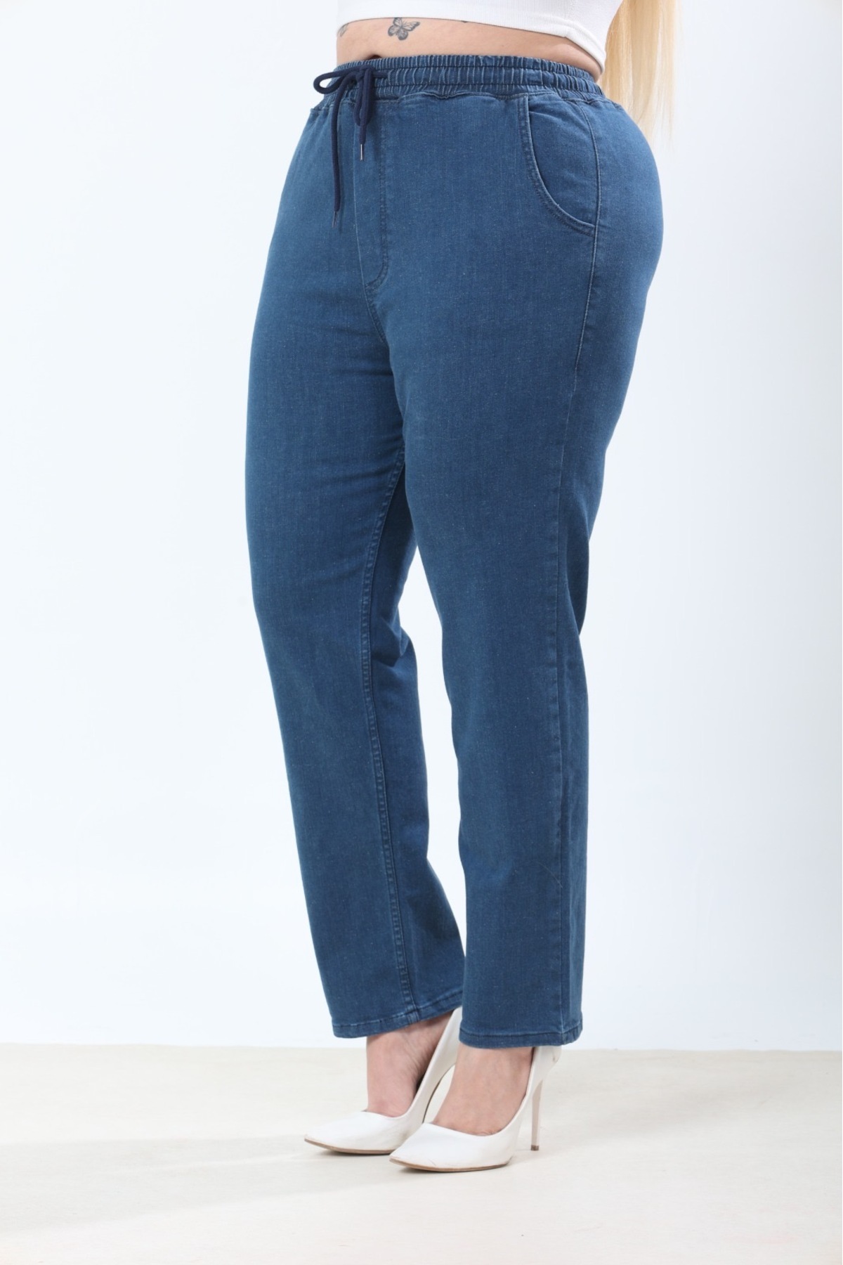 Era Lisa  Mavi Beli Lastikli Rahat Kalıp Büyük Beden Kadın Kot Pantolon