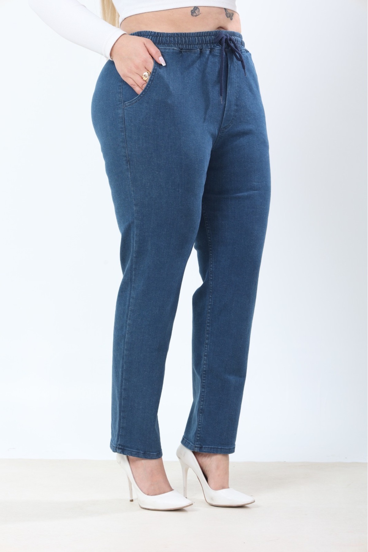 Era Lisa  Mavi Beli Lastikli Rahat Kalıp Büyük Beden Kadın Kot Pantolon - Görsel 2