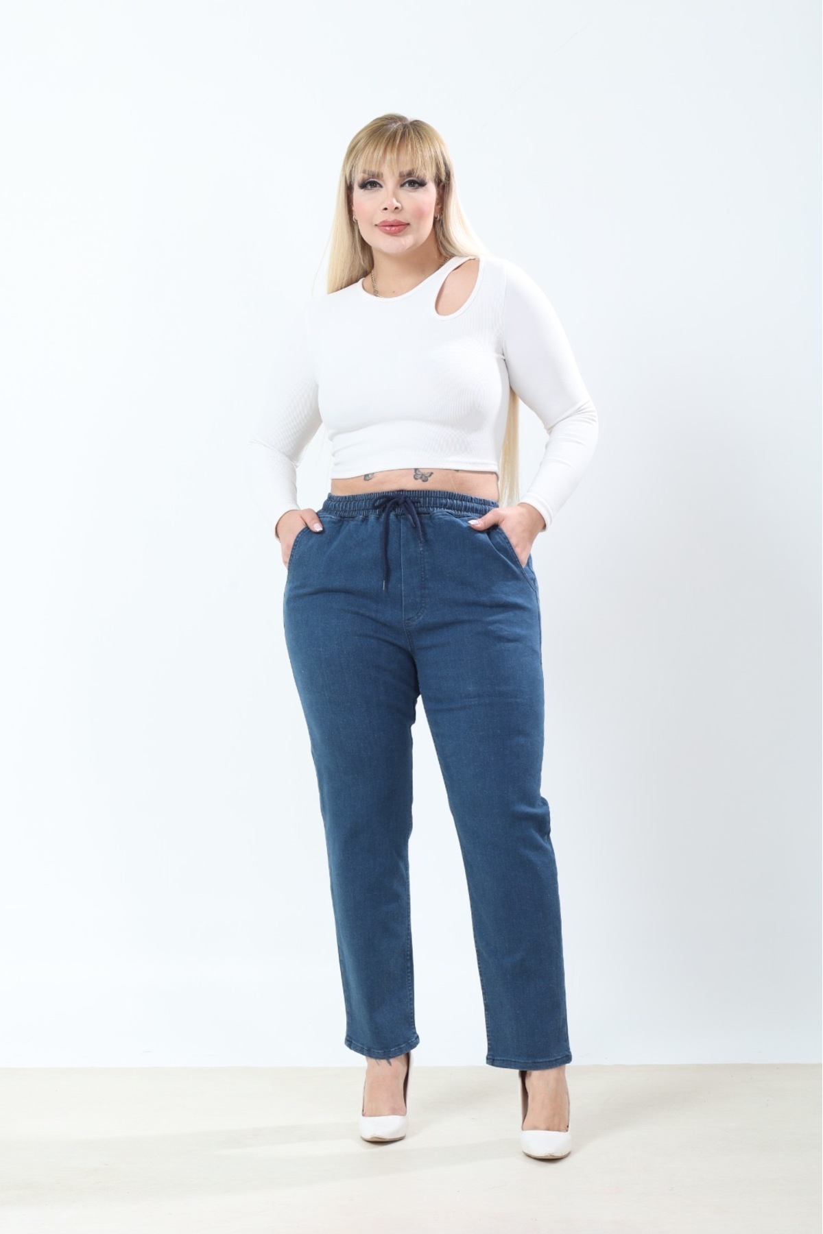 Era Lisa  Mavi Beli Lastikli Rahat Kalıp Büyük Beden Kadın Kot Pantolon - Görsel 3