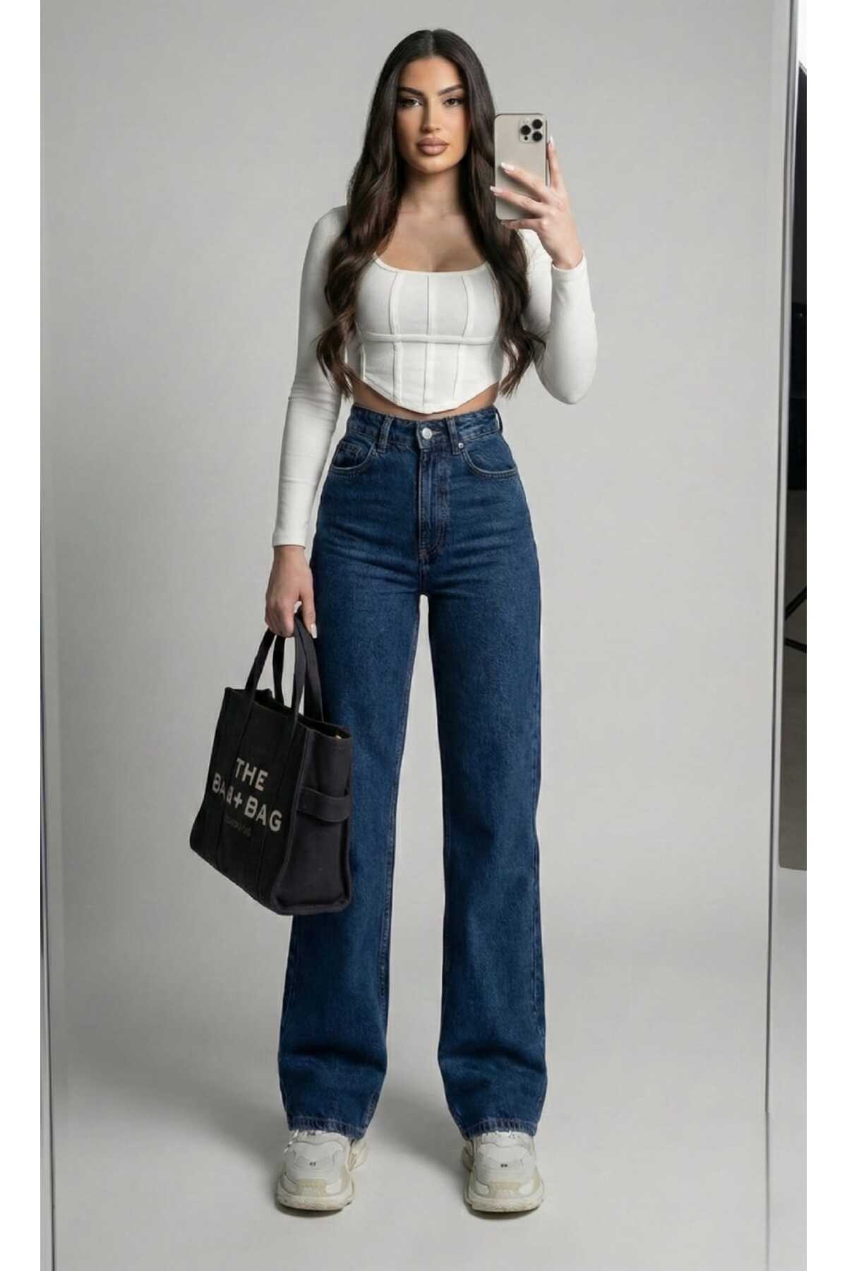 Trn JNS Clara 90's Power ελαστικό ύφασμα Solmaz μεσαίο μπλε τζιν με ψηλόμεσο ...