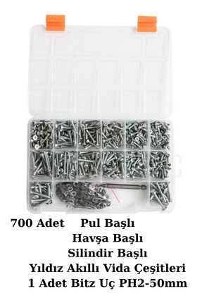 Netzerkoz 700 adet 15 çeşit YSB, YHB, Pulbaş Akıllı Vida Seti ( Matkap Uçlu V...