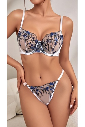 Pransa Beyaz Mavi Çiçekli Şeffaf Dantel Balenli Sütyen Külot Takımı