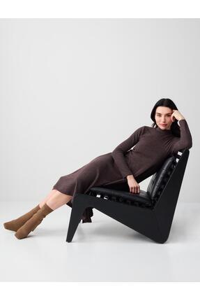 Jimmy Key Acı Kahve Balıkçı Yaka Yumuşak Dokulu Örme Midi Elbise