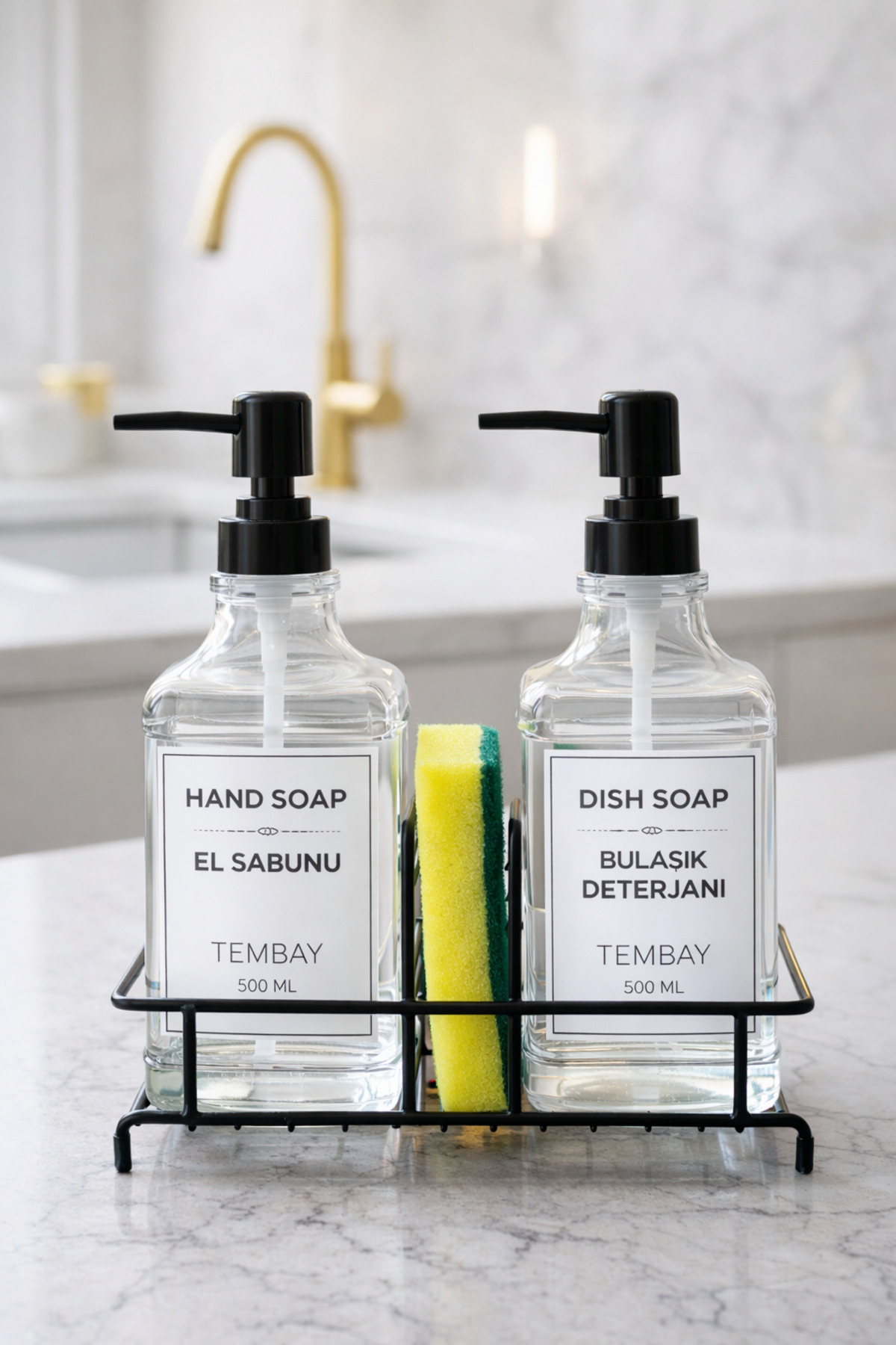 Double Glass Liquid Soap Dispenser Set with Metal Stand 500 ml