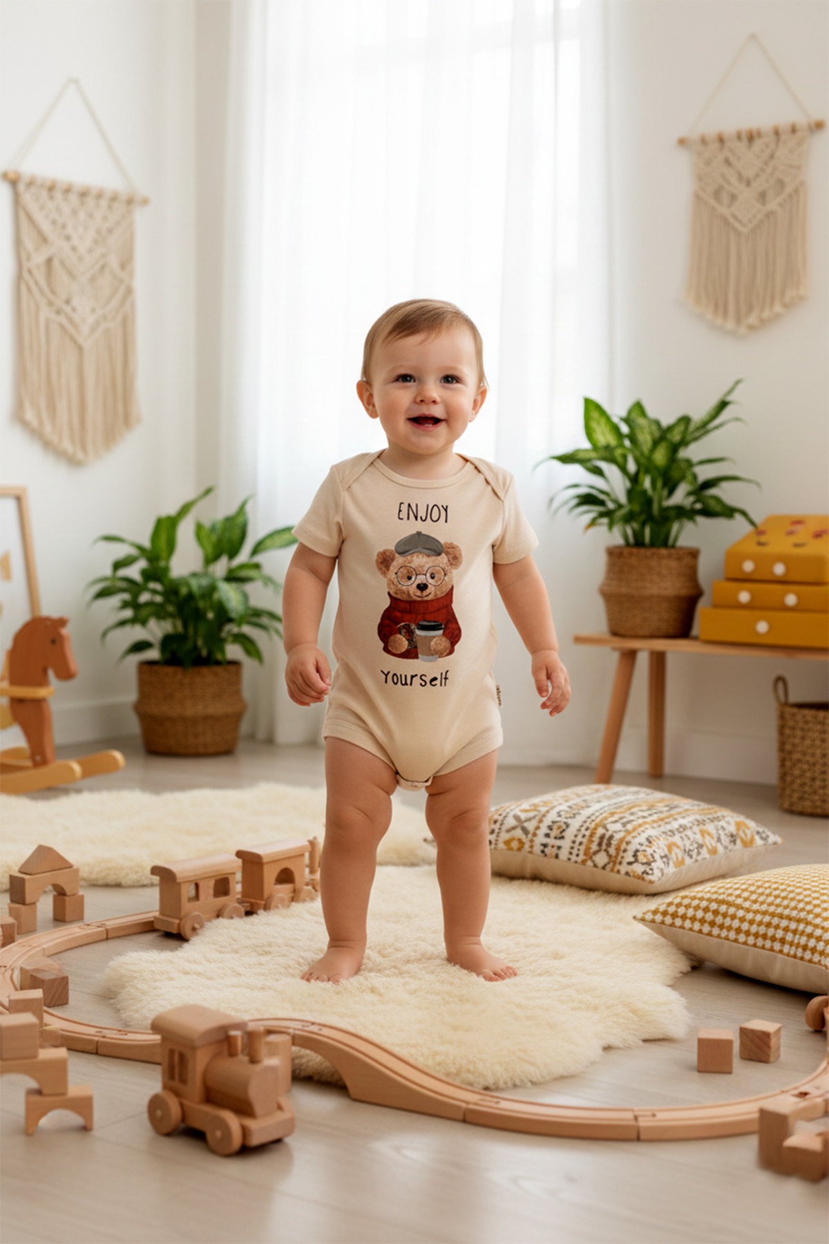 MAHFEL %100 Pamuklu 3'lü Organik Baskılı Kısa Kollu Çıtçıtlı Bebek Body Zıbın fotoğrafı 4 (önizleme)