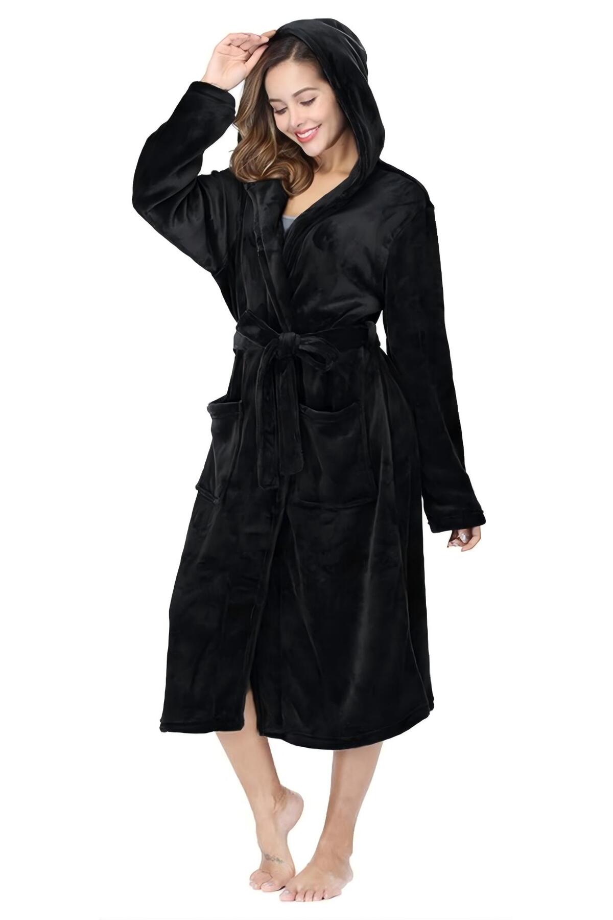 casme Women's Plush Hooded Robe Open-Front Long Bathrobe Soft Fleece with Poc...