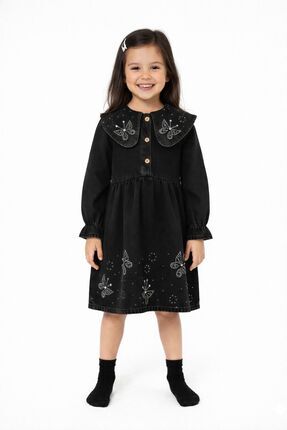 Liloa Kız Çocuk Siyah Taşlı Fırfır Uzun Kollu Kot Elbise 4-12 Yaş