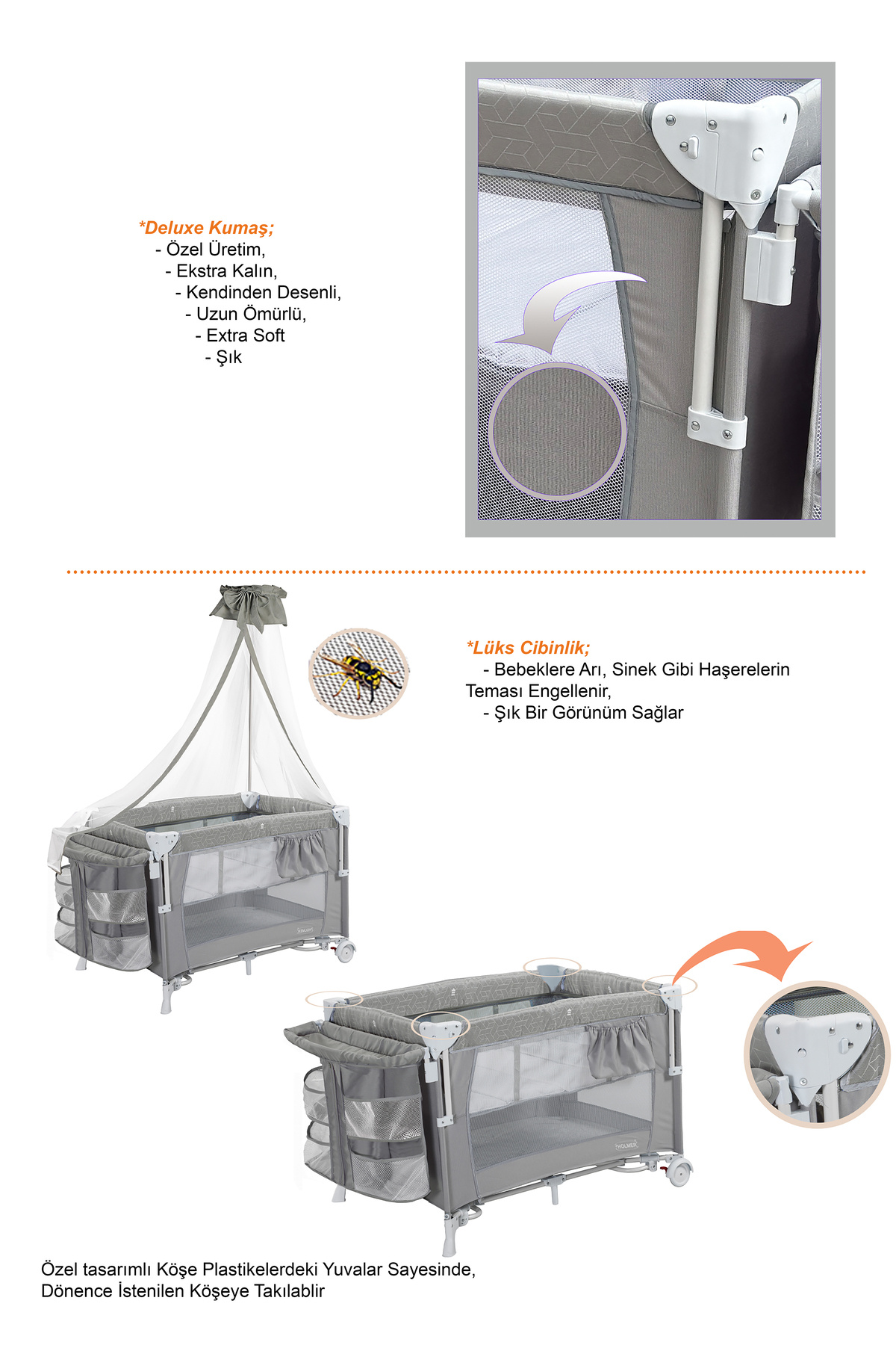 Holmer ALOEVERA YATAK'lı Cibinlikli Beşik/Anne Yanı/Park Yatak 70x110cm AÇIK GRİ fotoğrafı 5 (önizleme)