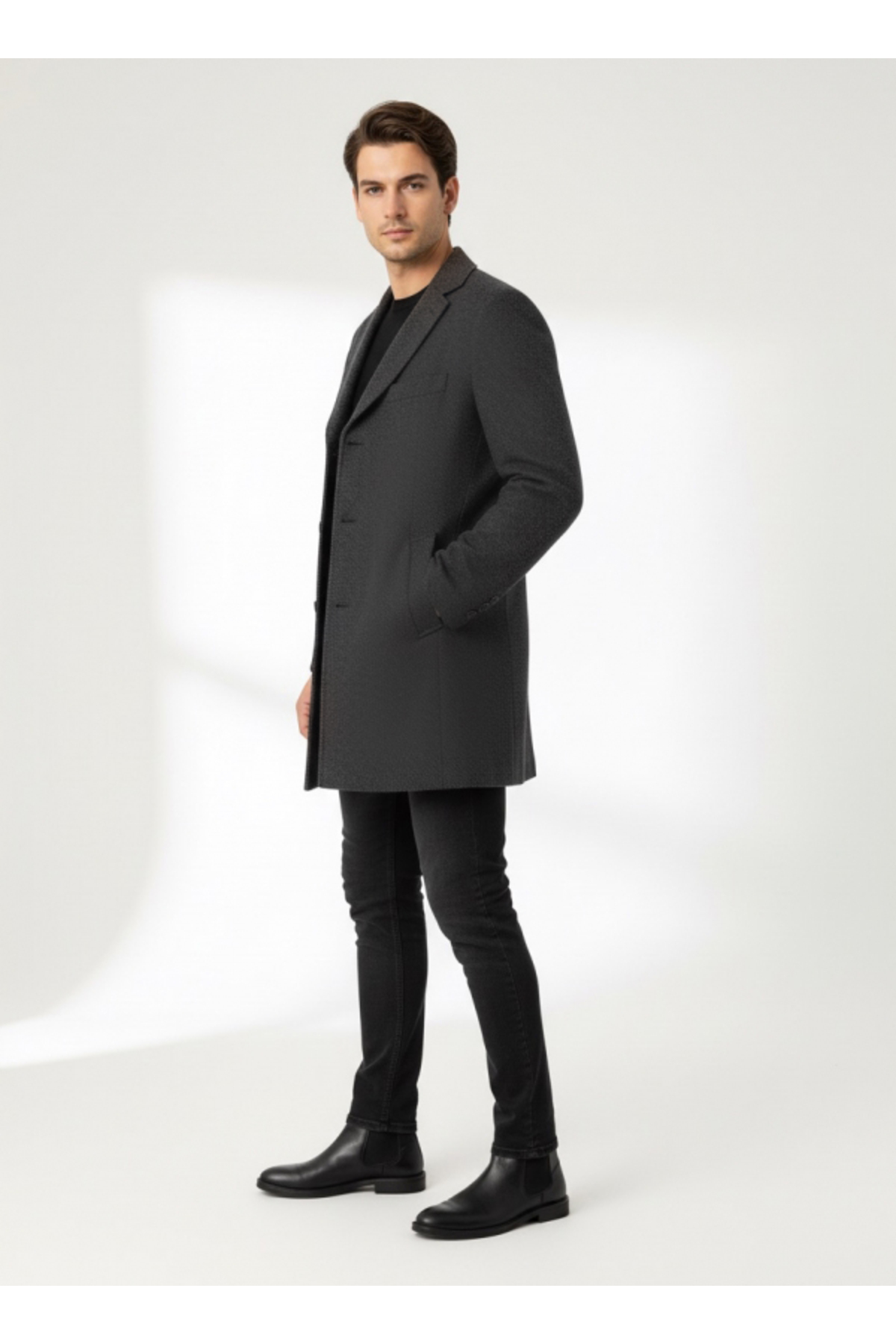 SÜVARİ  Süvari Slim Fit Yünlü Sivri Yaka Antrasit Erkek Kaban - Görsel 2