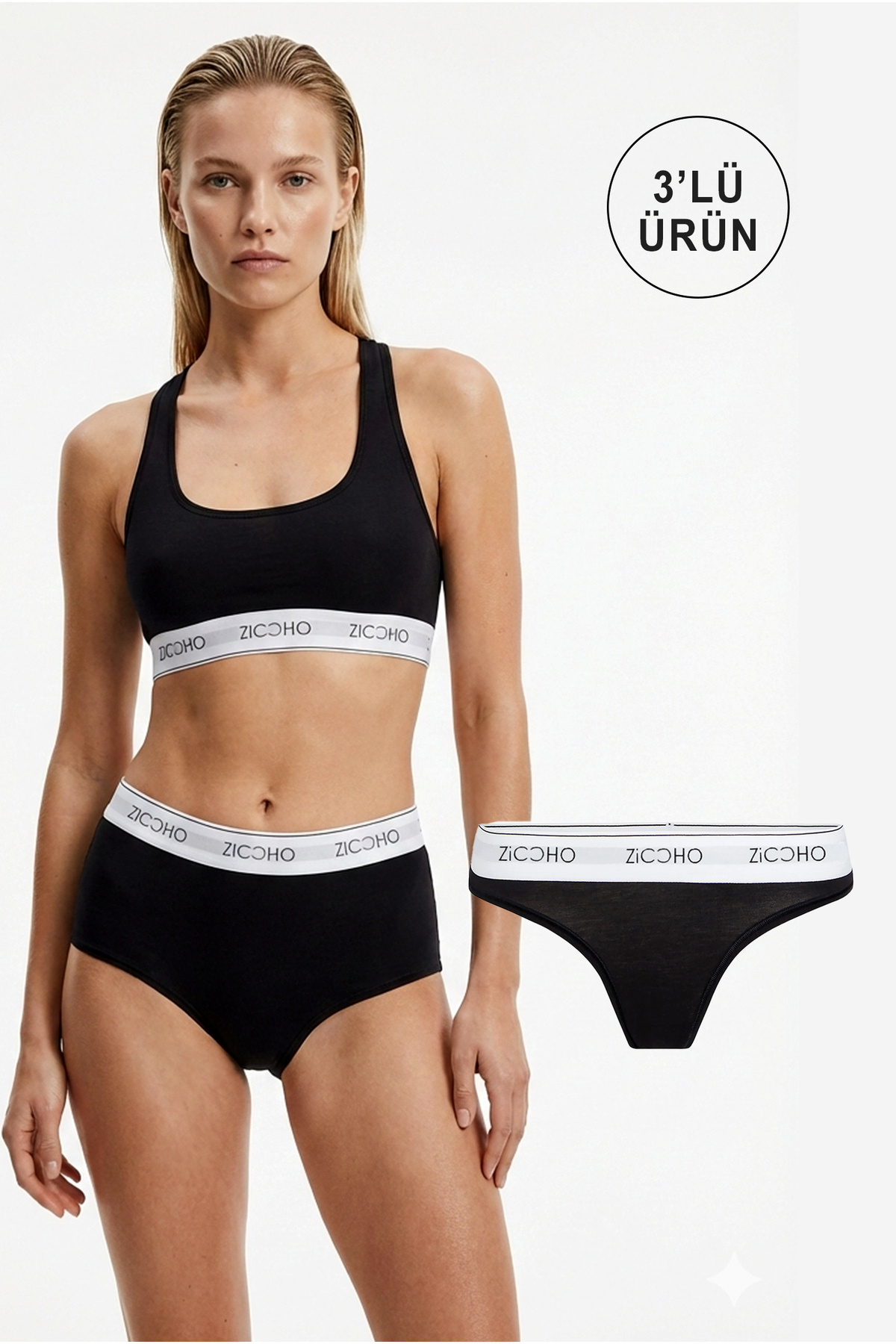 Cotton And Lycra Basic Black Bustier-thong-shorts 3-Pack Underwear