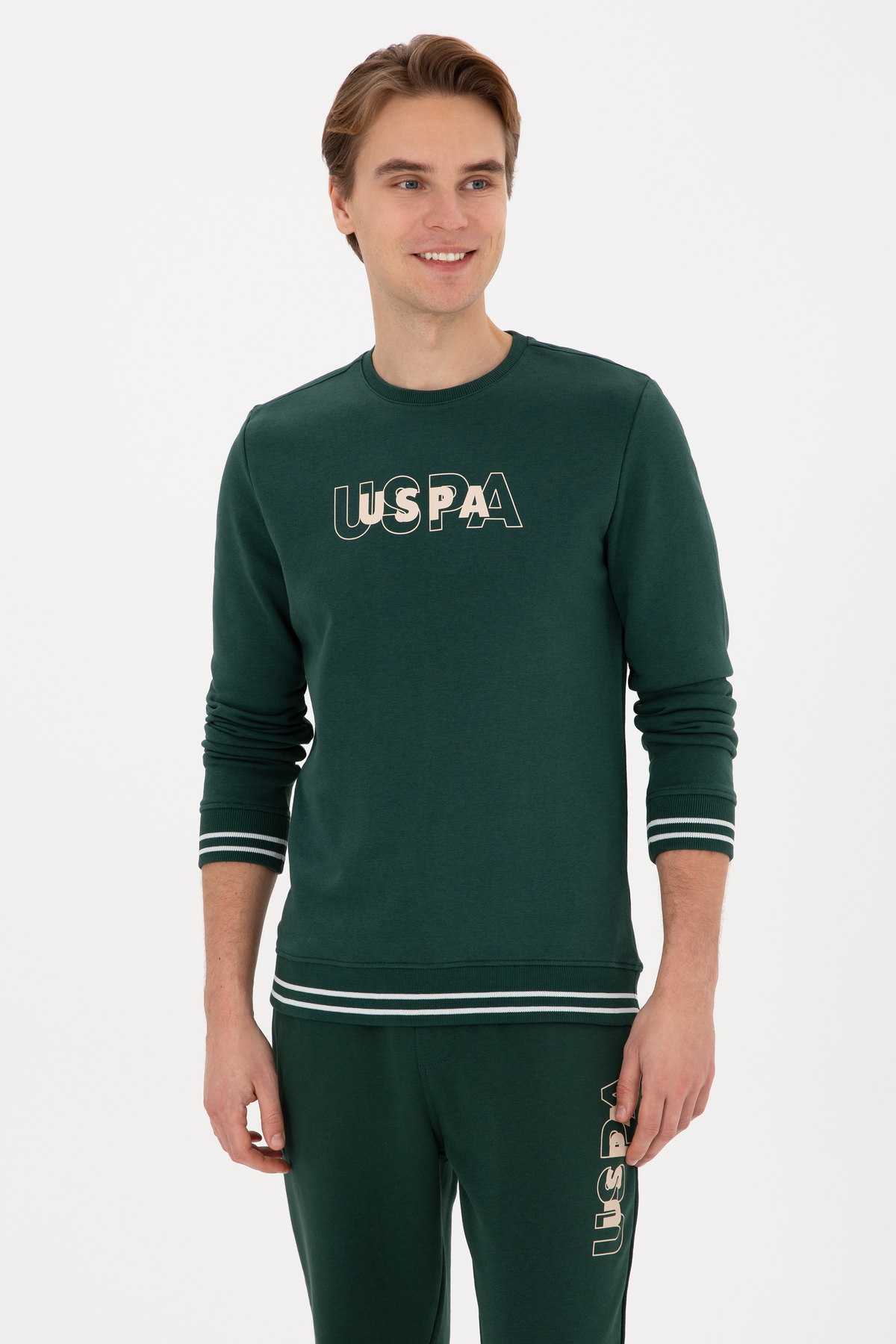 یو اس پولو سویشرت مردانه یقه گرد معمولی سایز سبز تیره 50316372-VR079