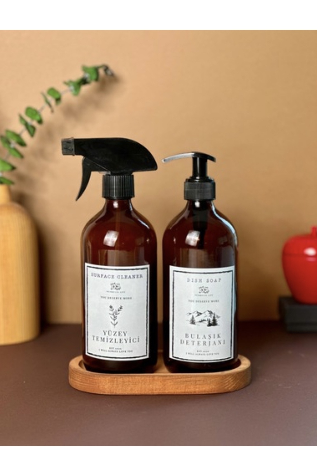 Amber 500ml Glass Dishwashing Detergent Surface Cleaner Soap Dish Set with Wooden Stand