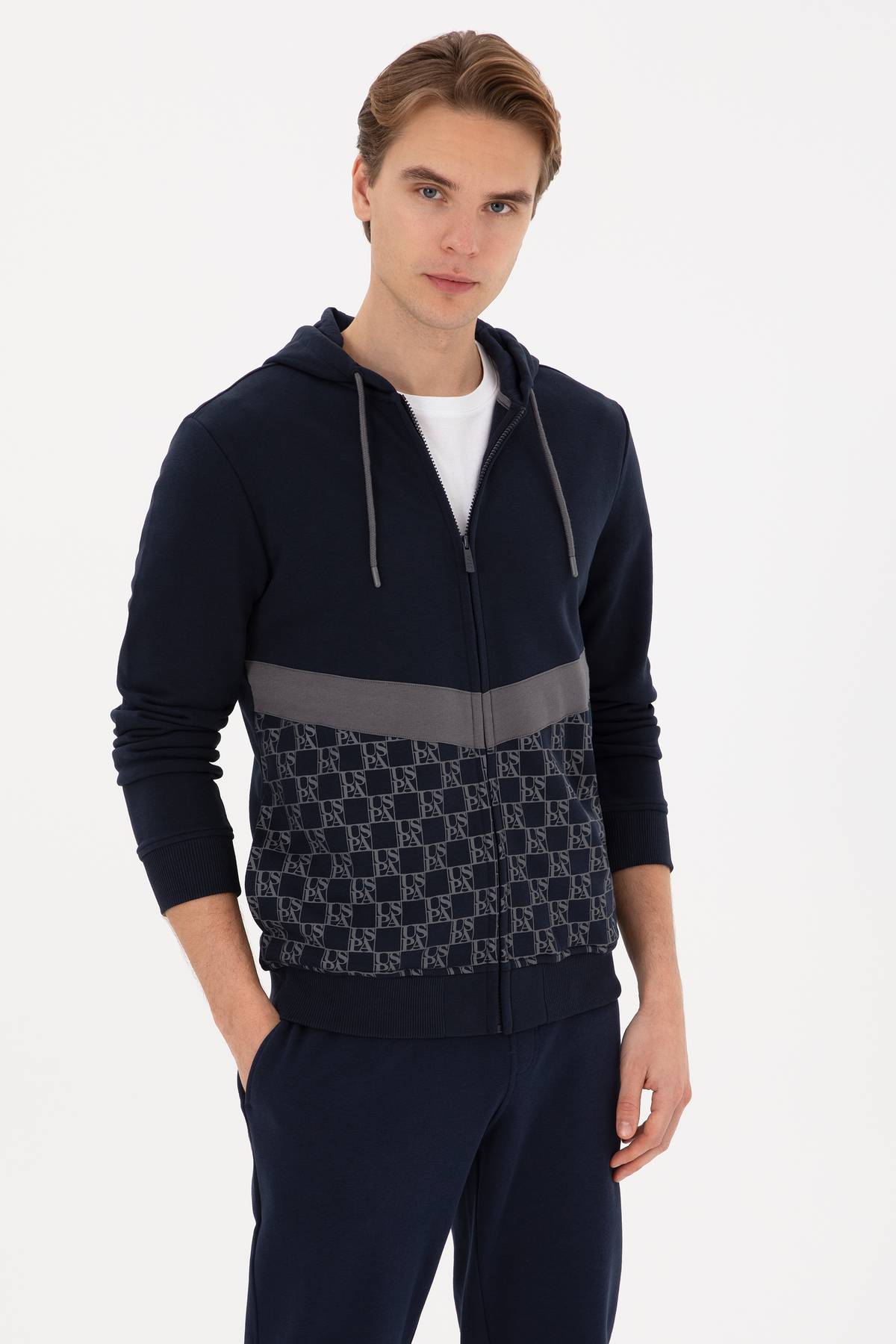 یو اس پولو ژاکت بافتنی مردانه کلاه دار سرمه ای سایز معمولی زیپ دار کد ۵۰۳۱۵۶۶۸-VR033