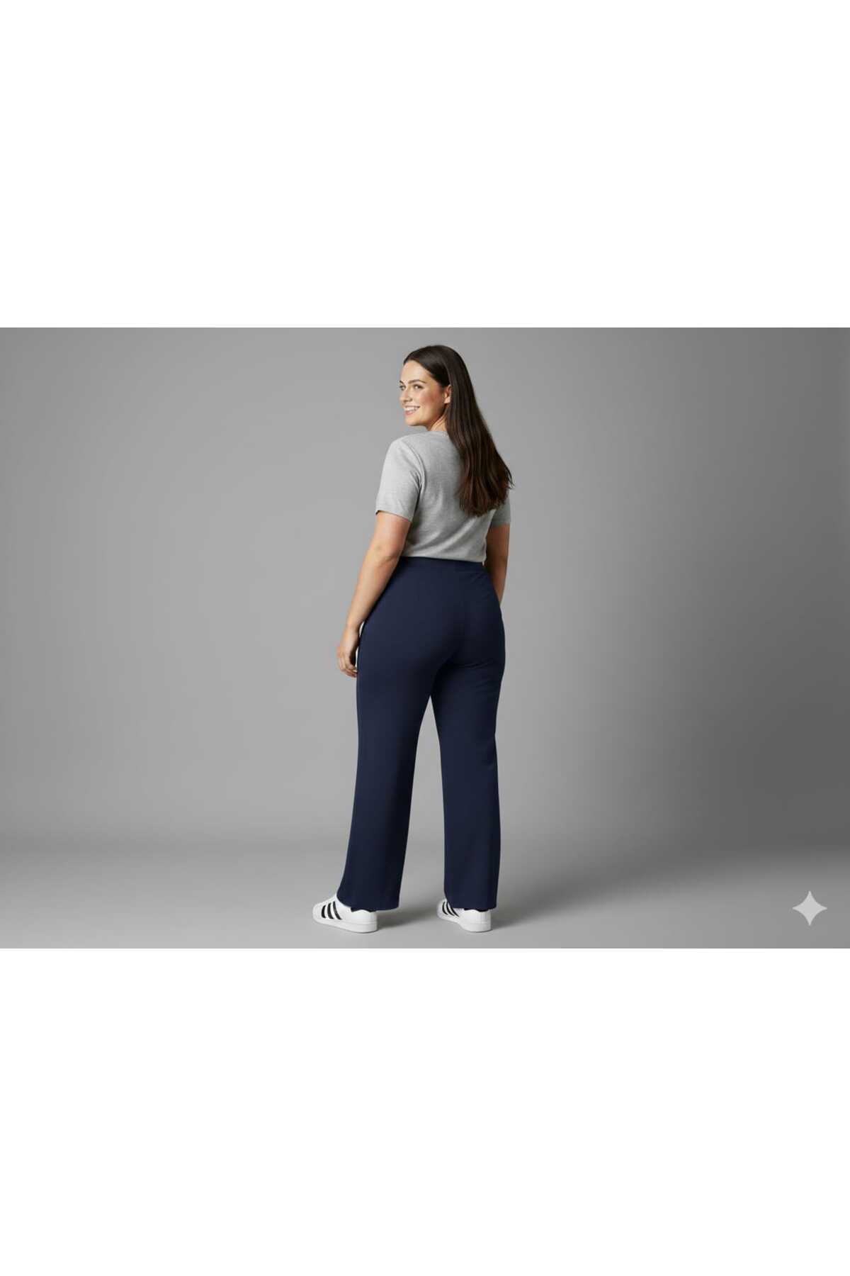 BETES  Kadın Büyük Battal Beden Krep Kumaş Beli Lastikli Likralı Palazzo Lacivert Pantolon - Görsel 3