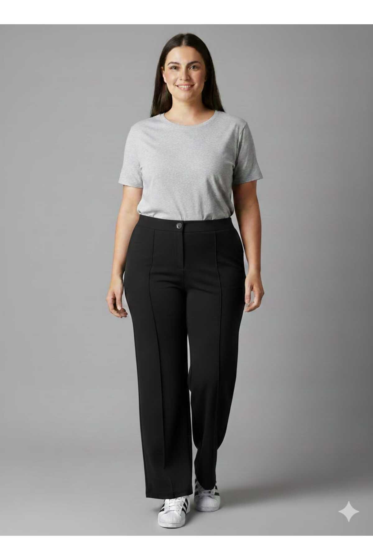 BETES  Kadın Büyük Battal Beden Krep Kumaş Beli Lastikli Likralı Palazzo Siyah Pantolon