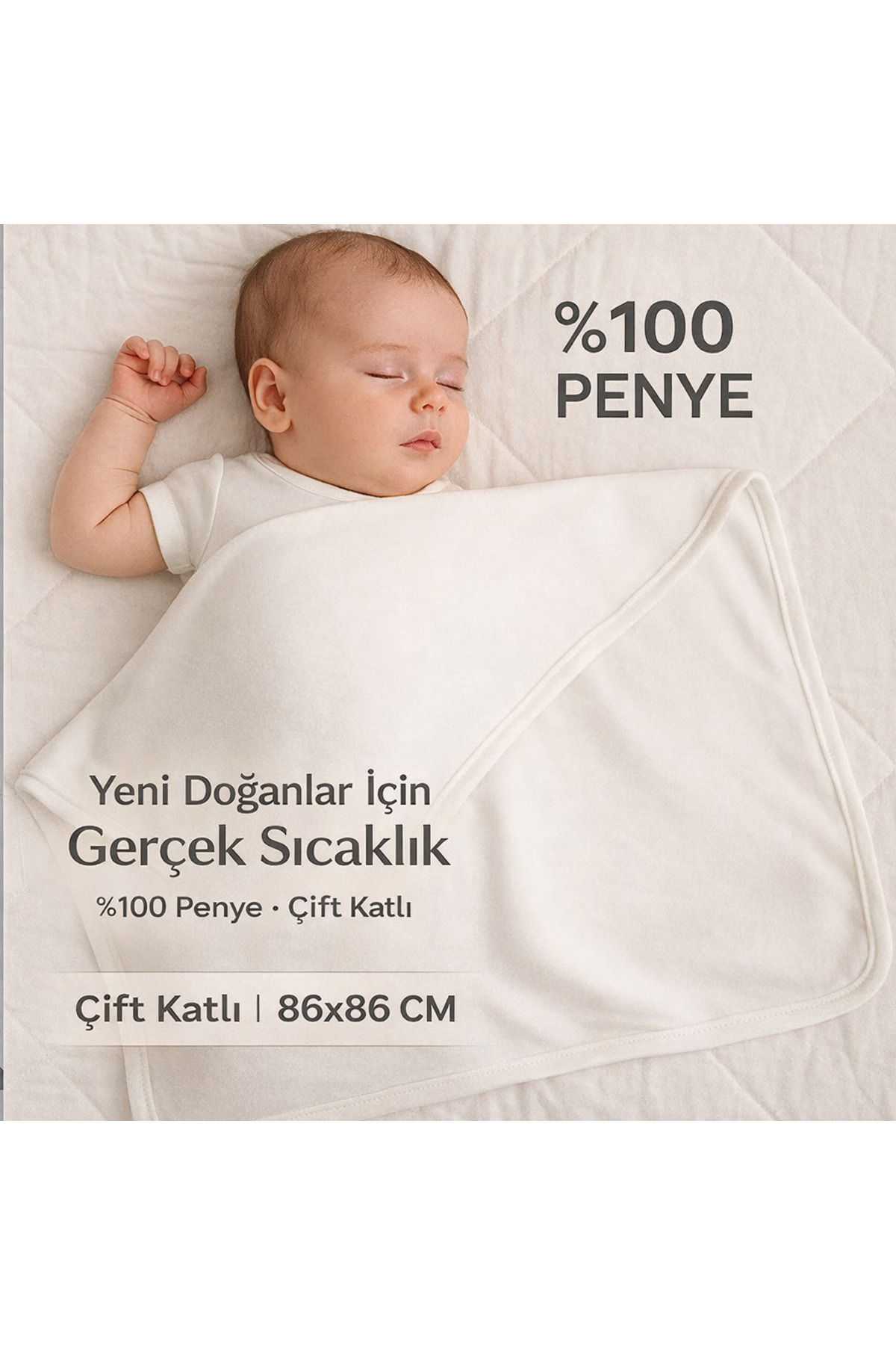 Babush Çok Amaçlı Yenidoğan Penye Bebek Battaniyesi Bebek Örtüsü Çift Katlı Ekru %100 Pamuk, 86×86 cm fotoğrafı 2 (önizleme)