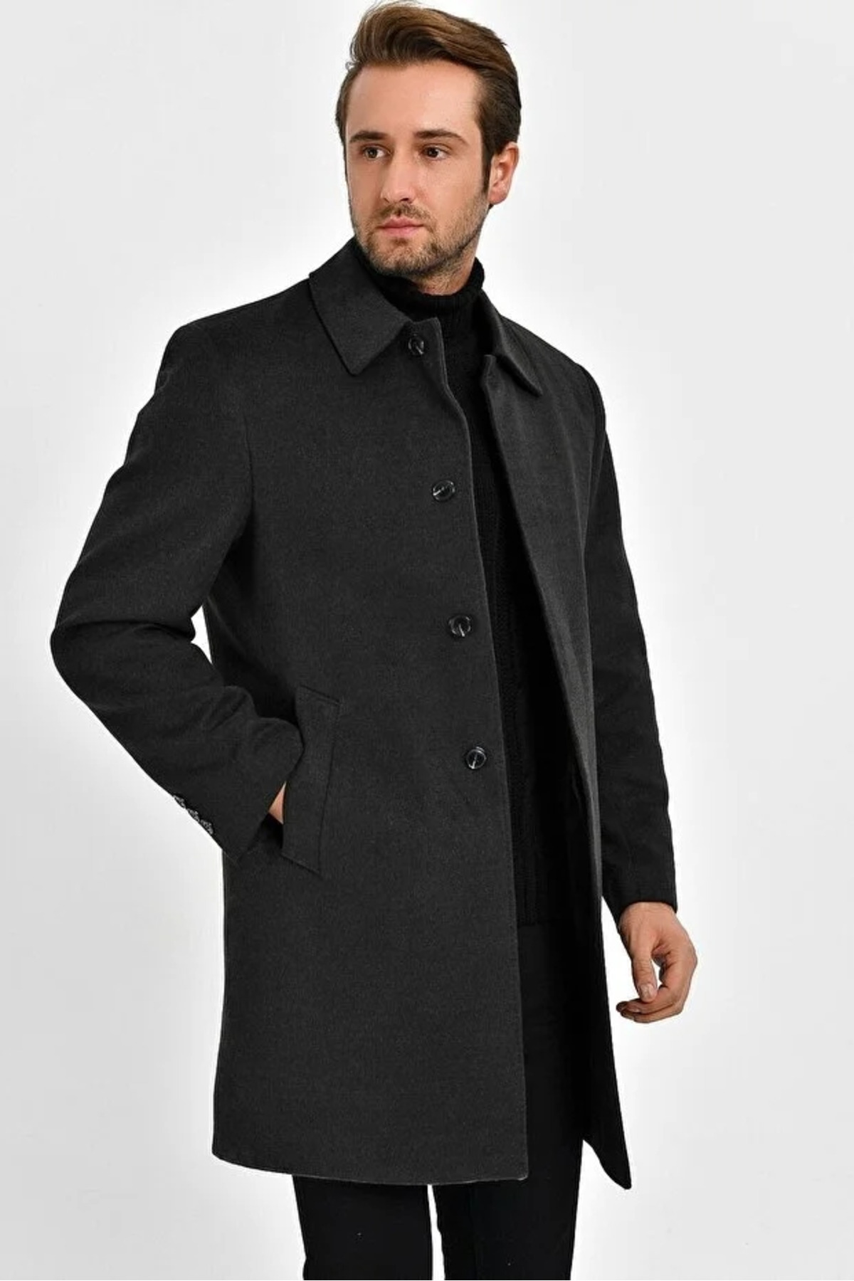 Dynamo  Erkek Füme Yün Karışımlı Kaşe Gömlek Yaka Palto - Görsel 4