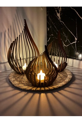 Darga Wood Shop Ceren 3'lü Dekoratif Ahşap Büyük Boy Parametrik Mumluk Seti -...