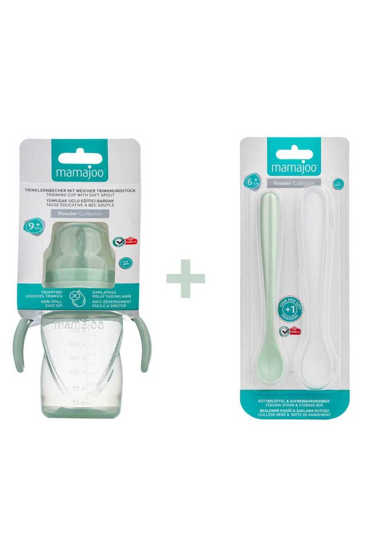 Mamajoo Antikolik Akıtmaz Alıştırma Bardağı 270 ml & İkili Ergonmik Beslenme Kaşığı - Powder Green fotoğrafı 2 (önizleme)