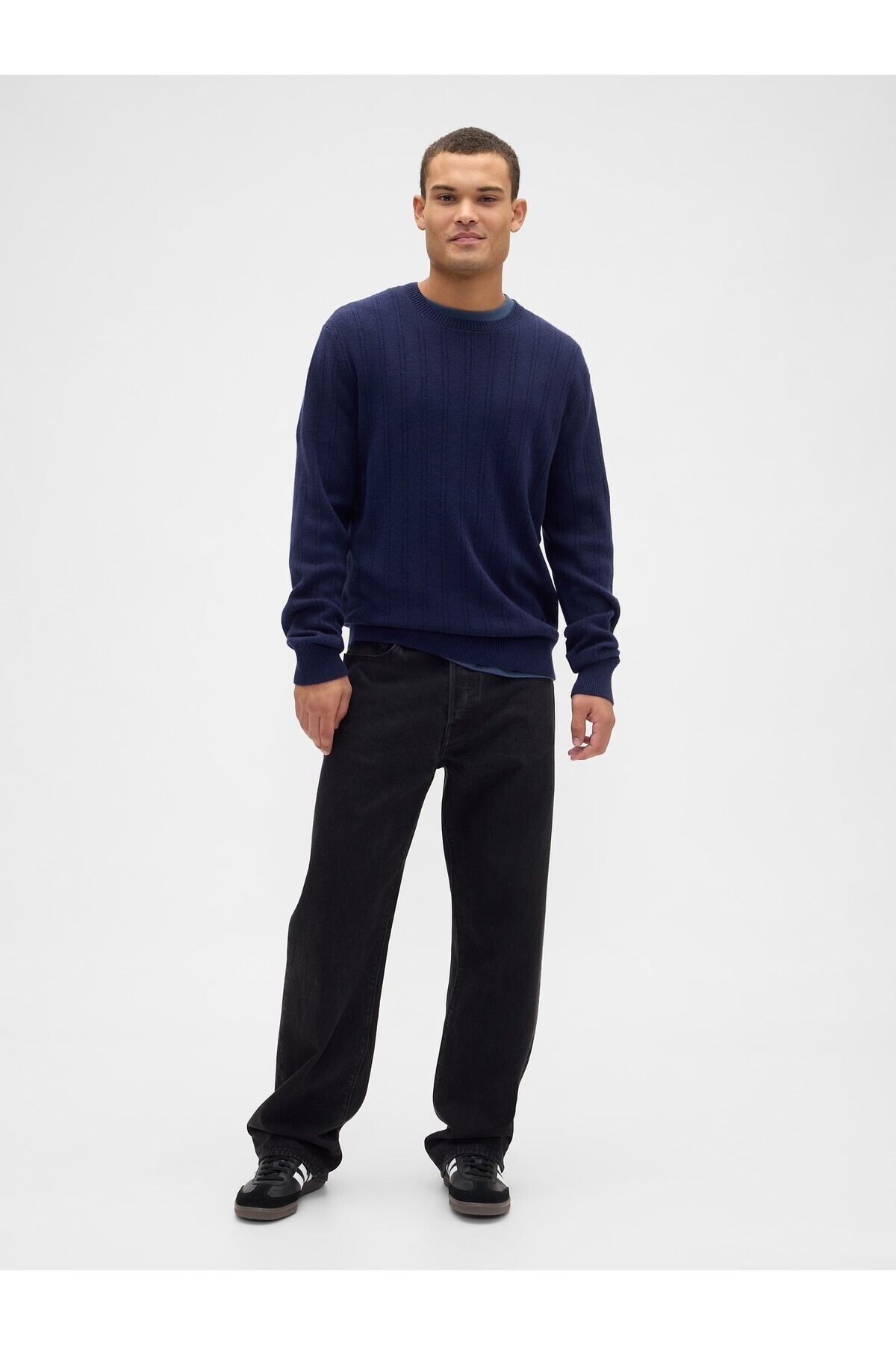 Erkek Lacivert CashSoft Ribbed Bisiklet Yaka Kazak — سرمه‌ای 789793 — تصویر 4 از 5