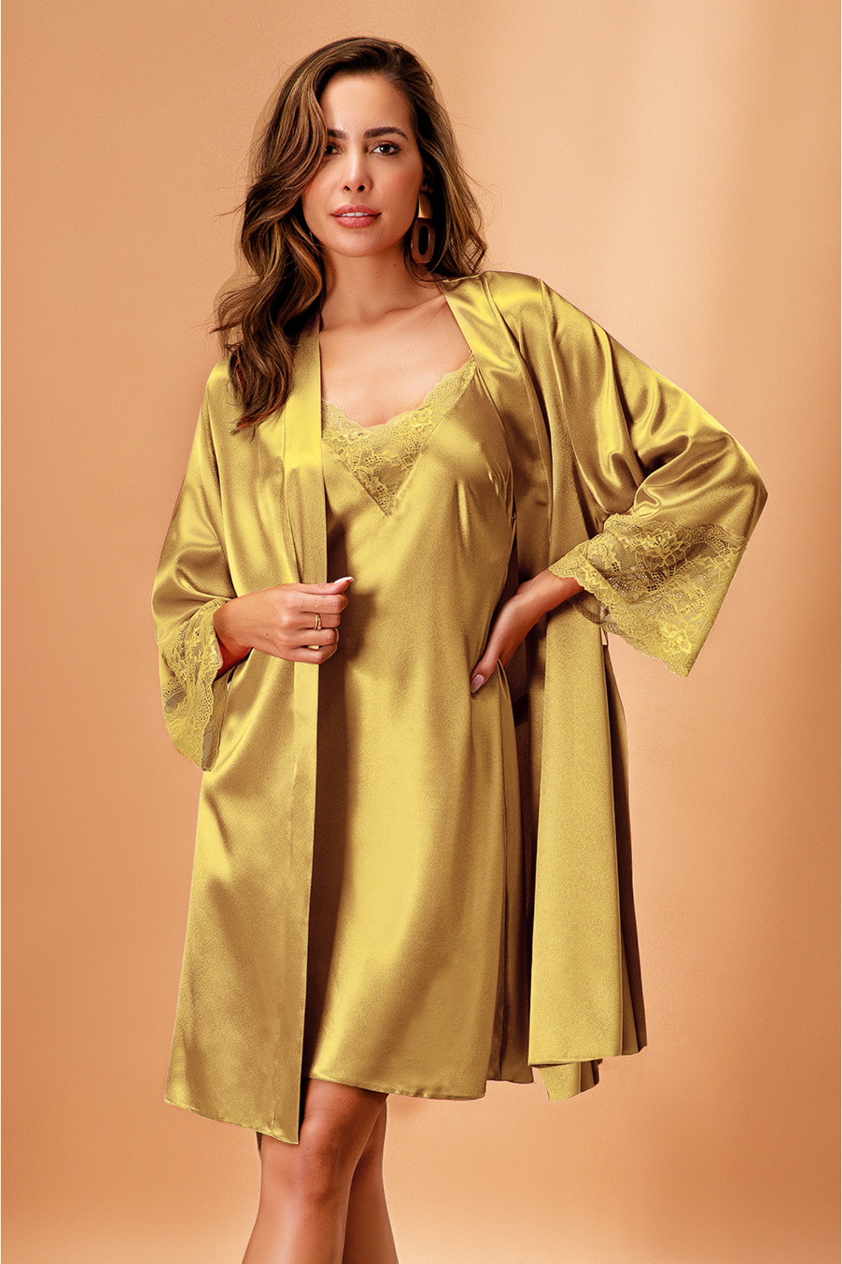 ROZELT Kadın Yeşil Dantel Detaylı Sabahlık Gecelik Takım