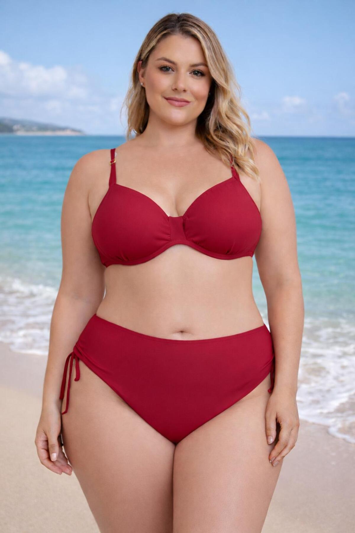 Women's Claret Red Lycra Stretch Stylish Comfortable Plus Size String Underwire Bouncer High Waist Bikini Set