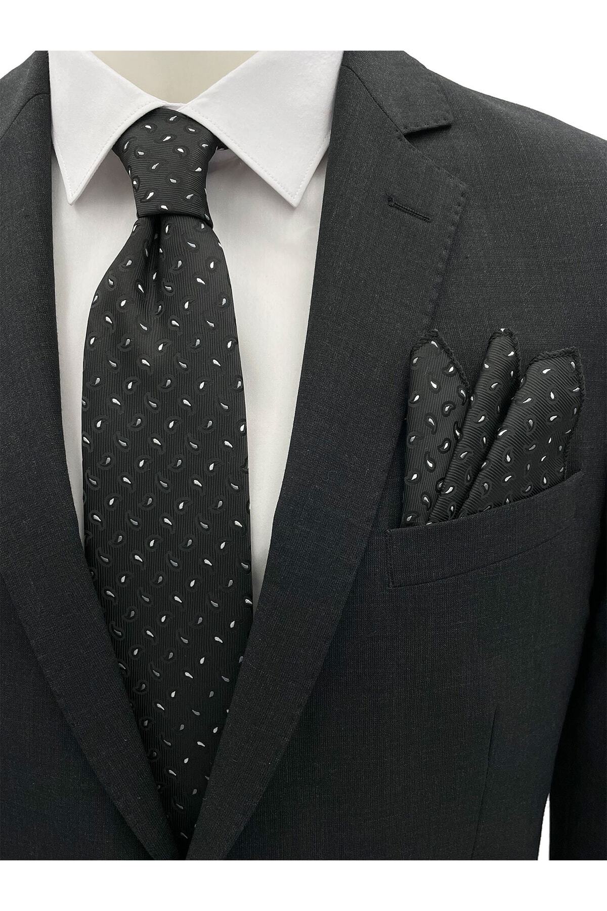  ست کراوات و دستمال گردن طرح‌دار مشکی کوچک ۸ سانتی‌متری