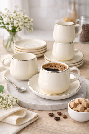 Ayzem Silver Gümüş Yaldızlı 6 Kişilik Kahve Fincan Takımı 90ml - Hediye Kutulu