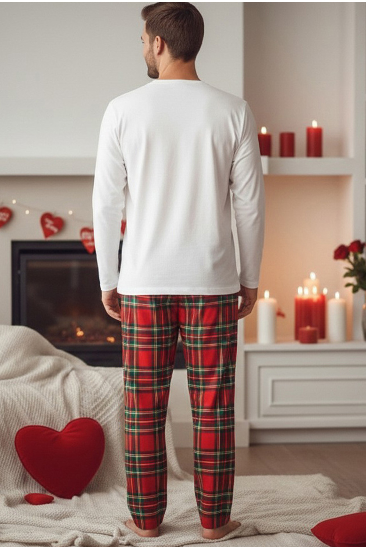 Siyah İnci  ERKEK ekru kırmızı ekose desenli Sevgililer günü Valentine's Day Temalı Örme Pijama Takım 7969 - Görsel 3