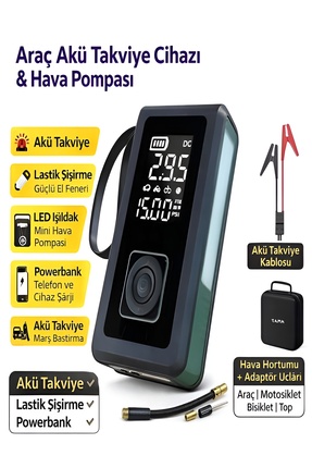 DEANB 8000mAh Dijital Ekranlı Araba Akü Takviye'li Kompresör Araç Lastik Şişi...