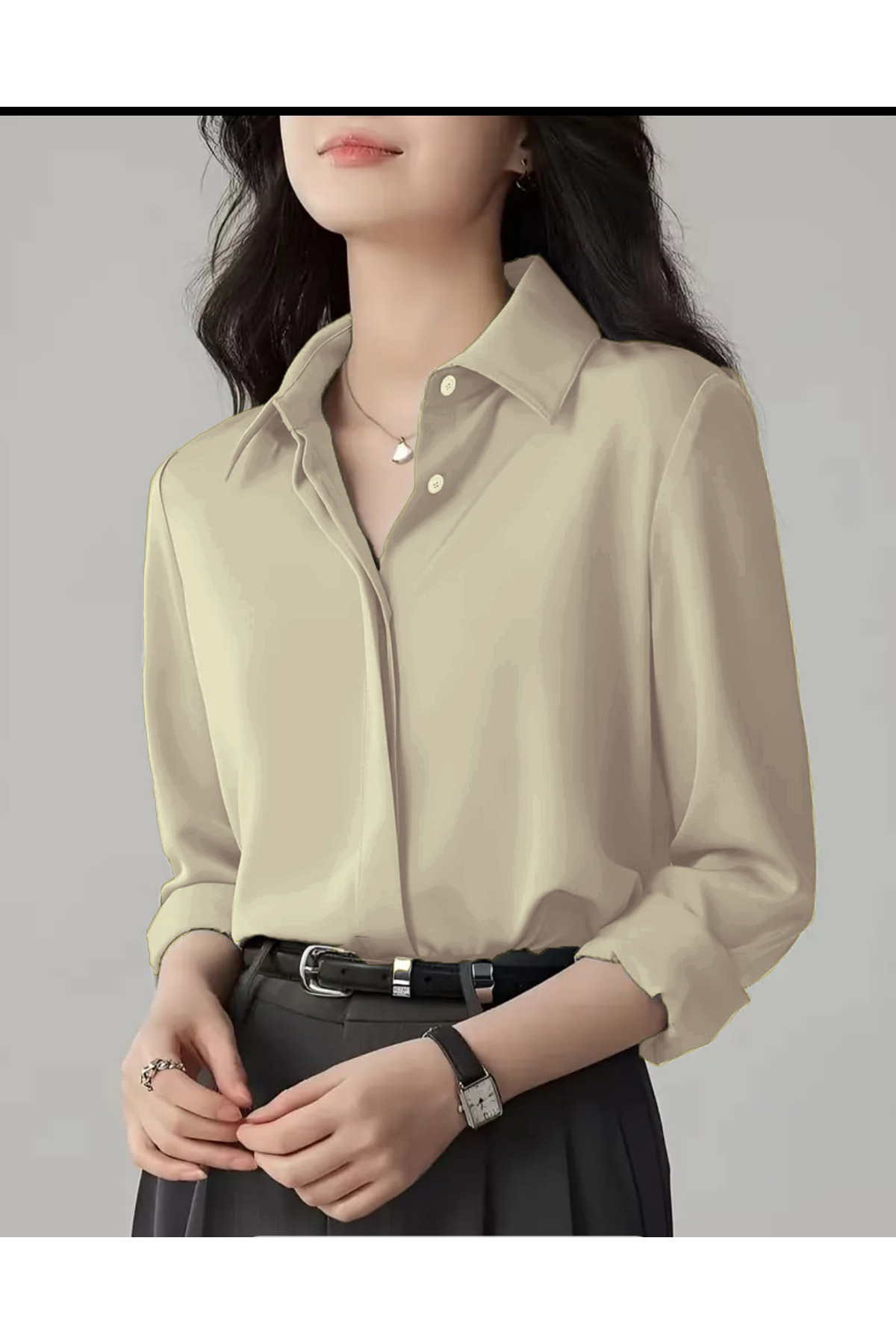 TRENDBUTİKOFFİCİAL  Saten Kumaş Gömlek - Kum Beji - Görsel 2