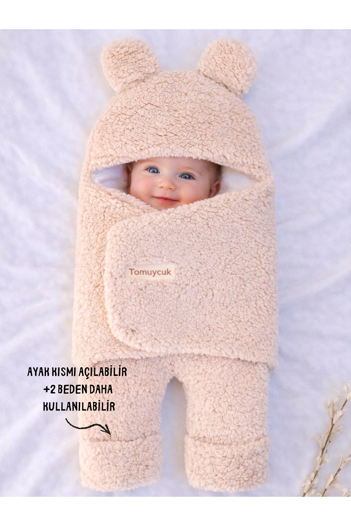 Tomuycuk 0-12 Ay İçi Elyaflı Peluş Welsoft Kulaklı Vizon Dış Bebek Kundak & Battaniyesi Kışlık Uyku Tulumu fotoğrafı 4 (önizleme)