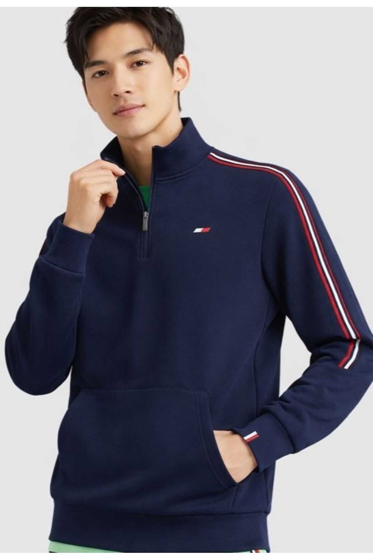 تامی هیلفیگر سویشرت پارچه‌ای راه راه نیم زیپ اینترلاک