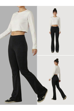 less is or Siyah İspanyol Paça Fitilli Yüksek Bel Penye Tayt