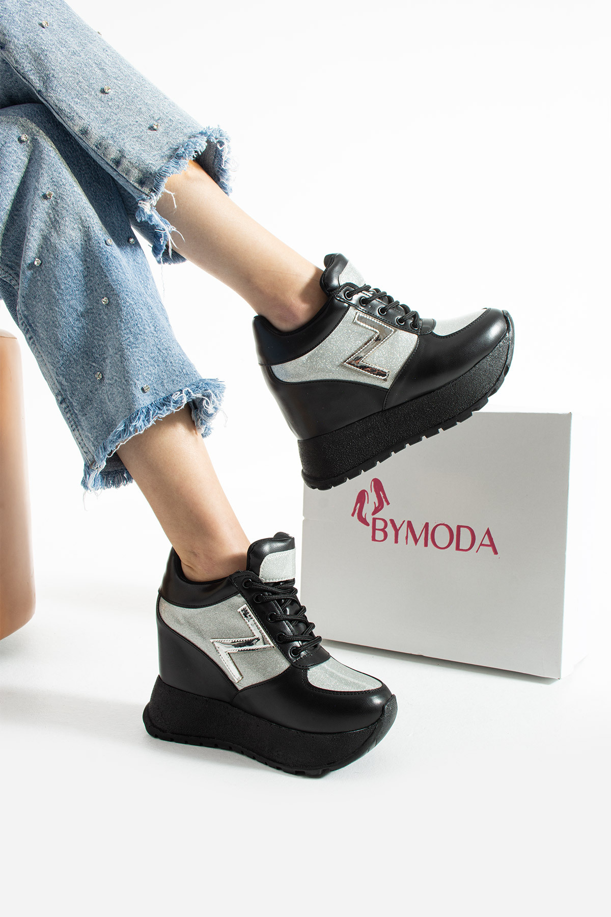 Bymoda Yeni Sezon Siyah Gizli Dolgu Topuklu Spor Ayakkabı Topuk Yüksekliği Toplam 10 CM görsel 6