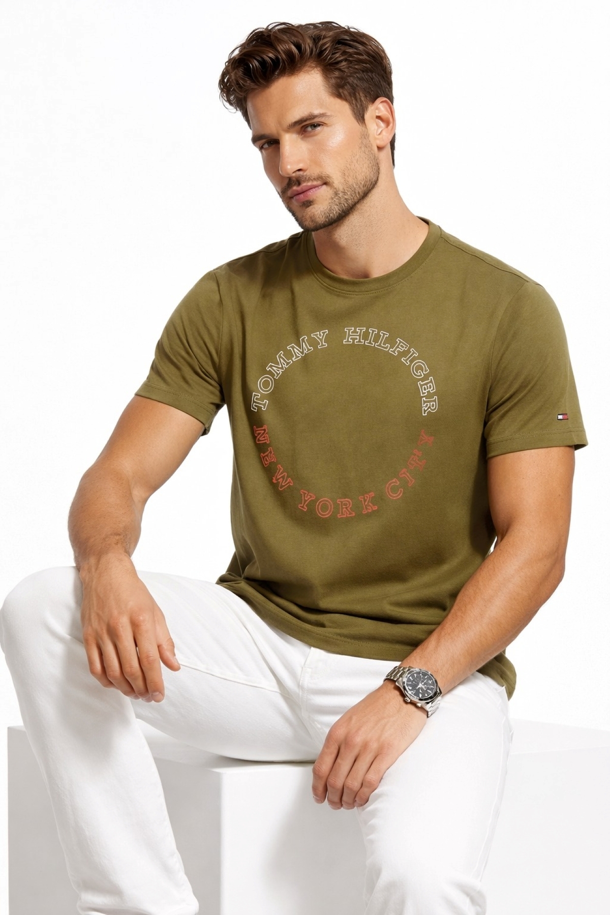 تامی هیلفیگر تی‌شرت مردانه طرح‌دار ۱۰۰٪ پنبه‌ای، بافتی باریک و مناسب