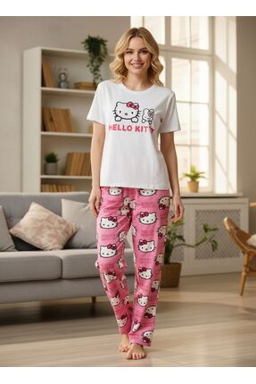 LETS BASIC Hello Kitty Baskılı Beyaz Üst Pembe Alt Pijama Takımı