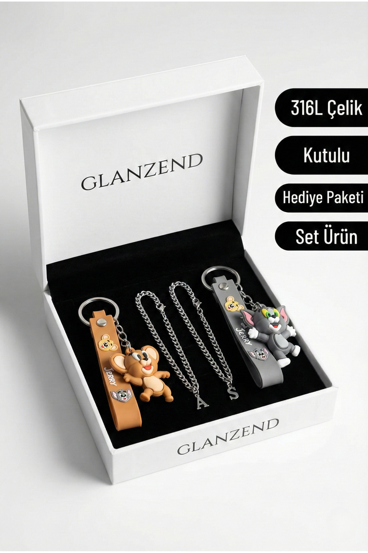 GLANZEND 2 Adet Harfli Çelik Sevgili Bileklik Ve Tom Ve Jerry Çift Anahtarlık 14 Şubat Sevgililer Günü