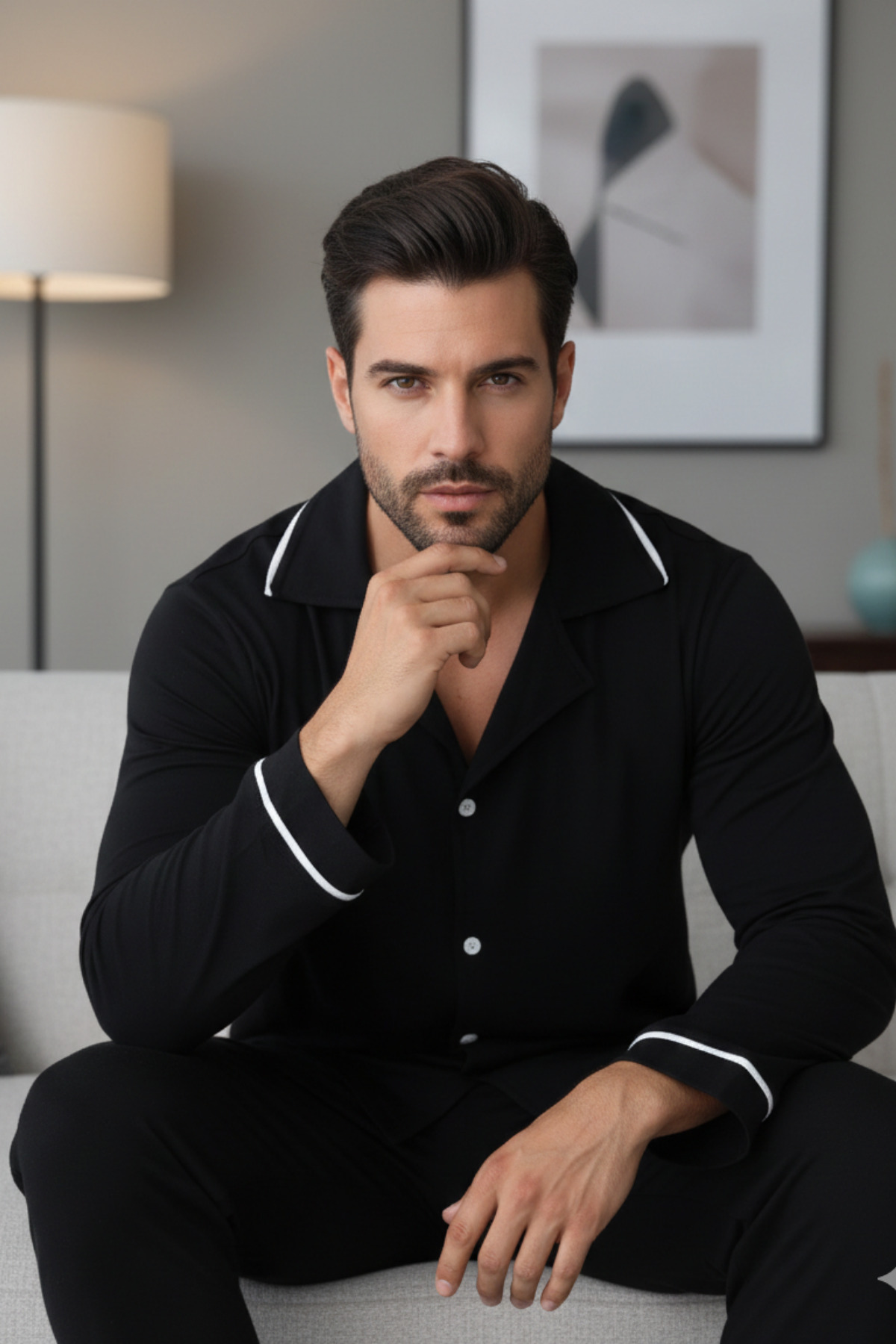 ELİTOL  Erkek Uzun Kol Düğmeli Pijama Takım