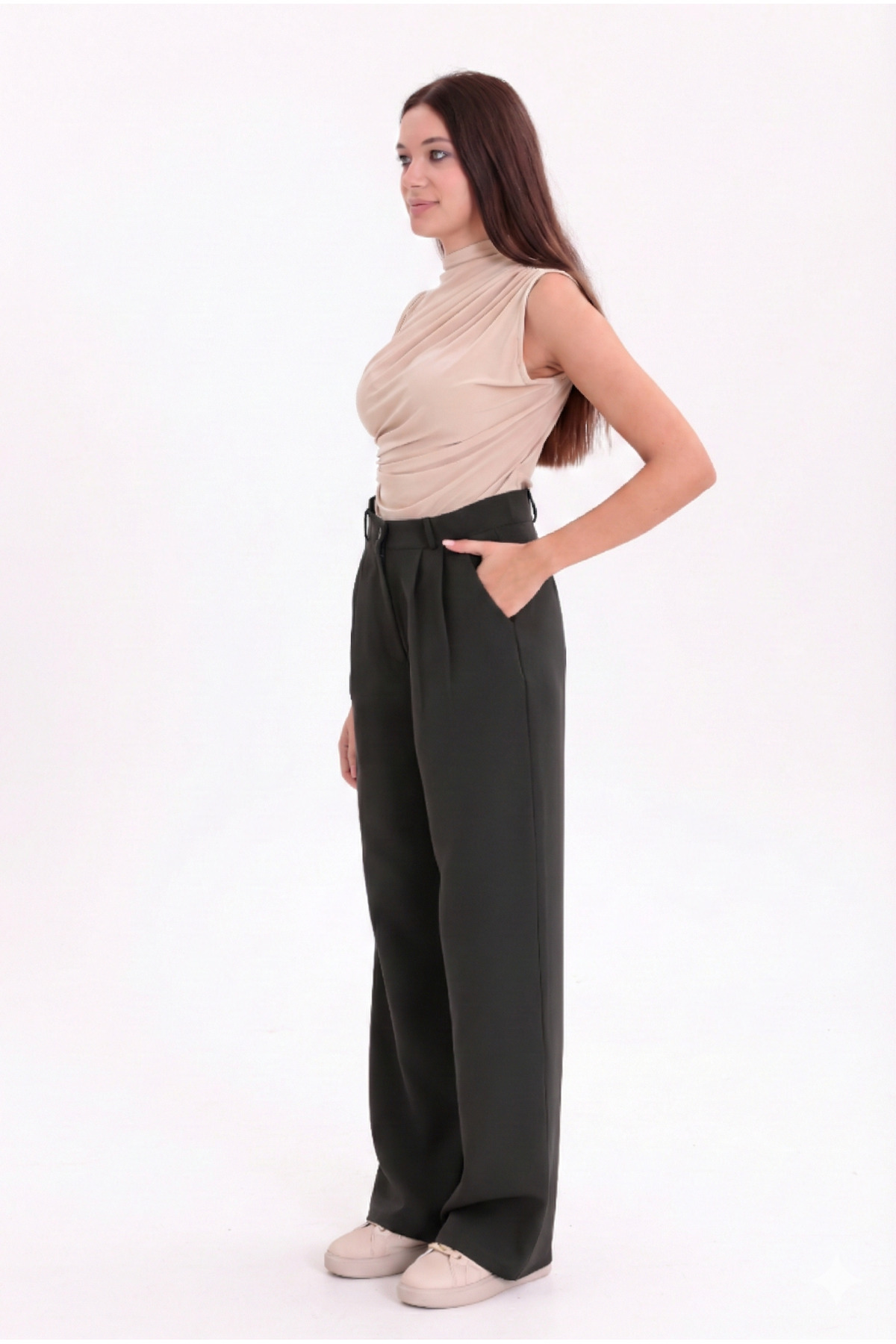 H&A İSTANBUL  Kadın Pileli Antrasit Kumaş yüksek bel Palazzo Pantolon - Görsel 4