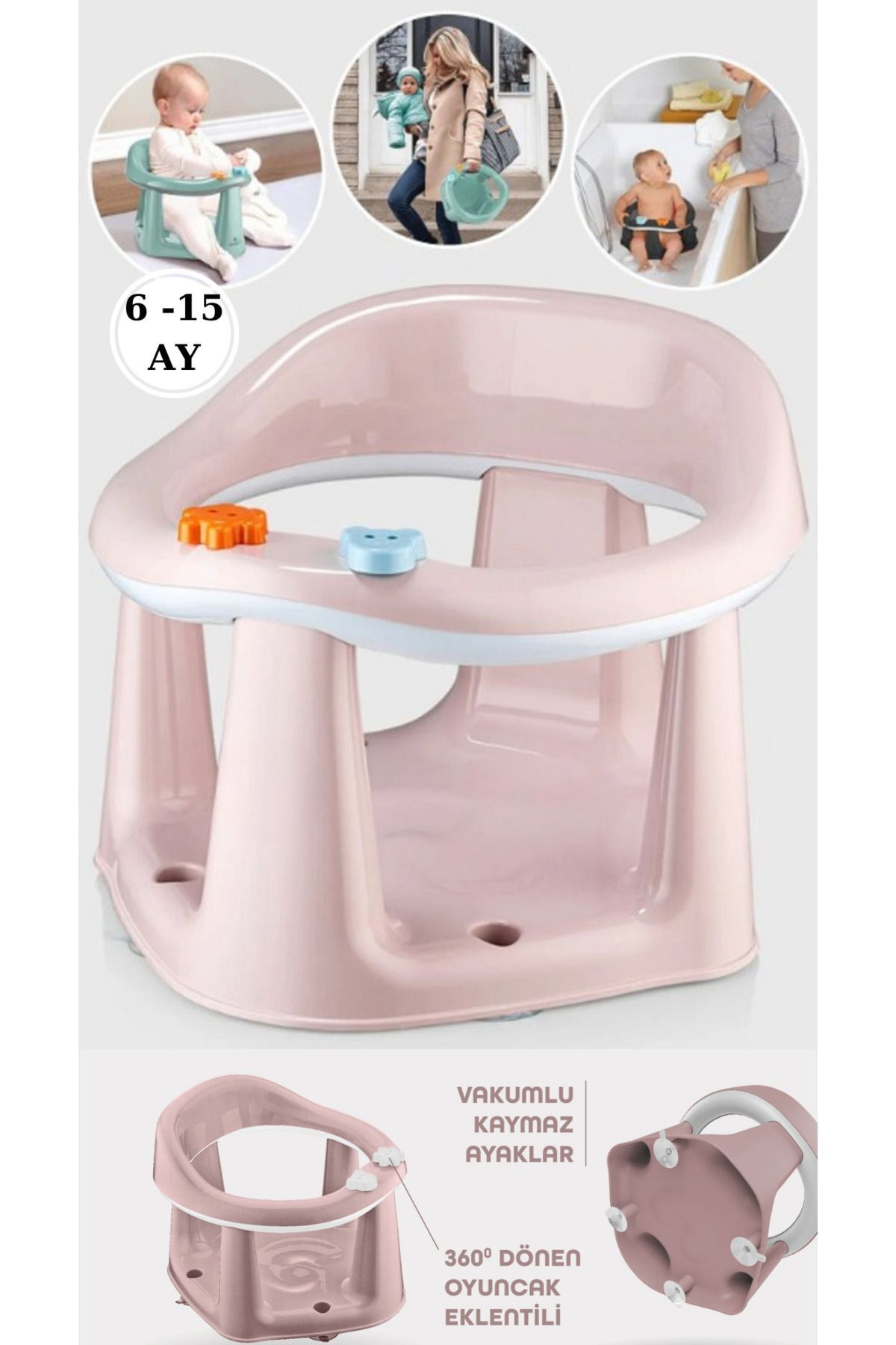PONÇİK STORE Vakum Tabanlı Bebek Mama Sandalye Oturağı Oyuncaklı Banyo Oturağı Pembe Minder Hediyeli fotoğrafı 4 (önizleme)