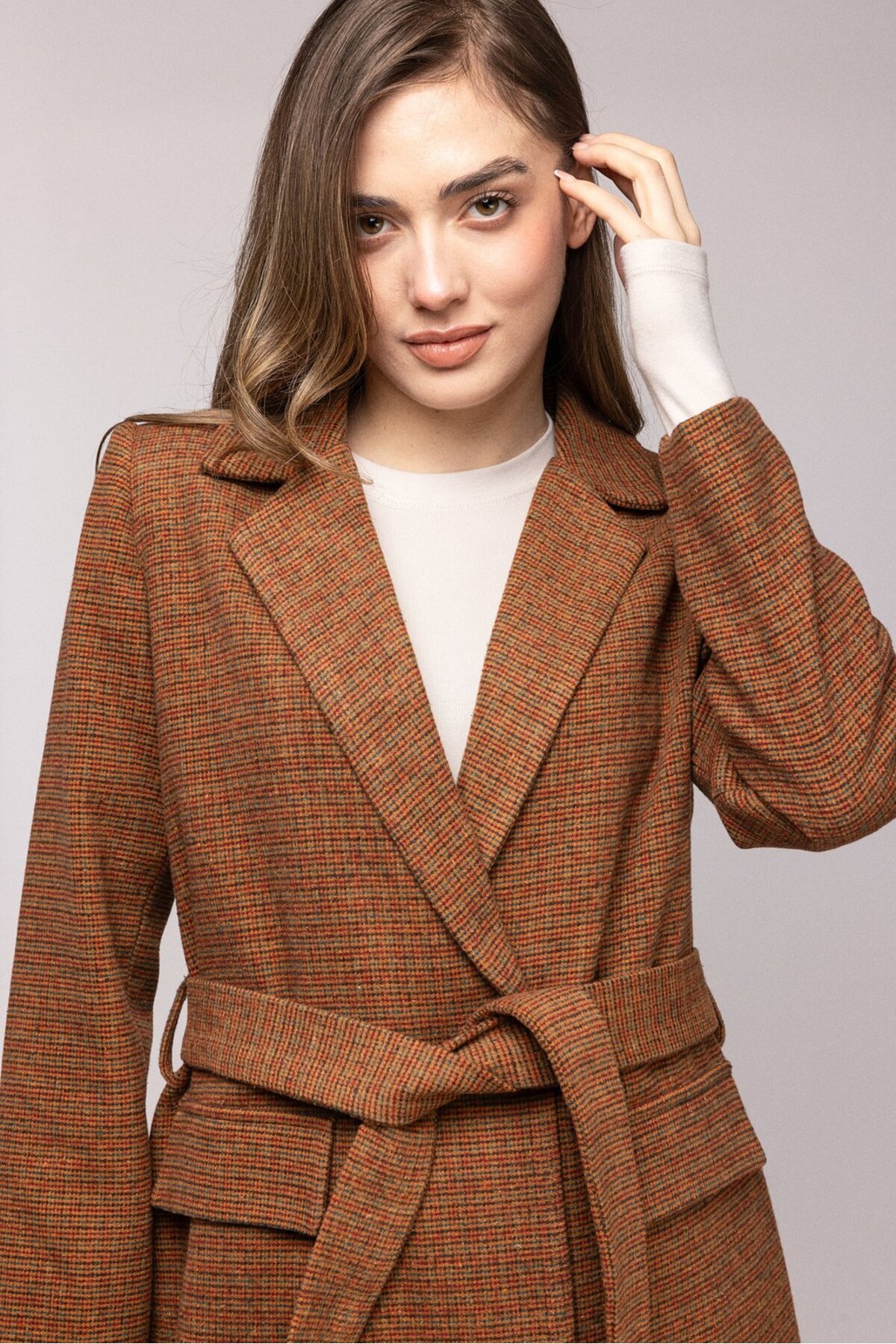 Saade  Premium Kuşaklı Cep Detaylı Blazer Dokuma Ceket