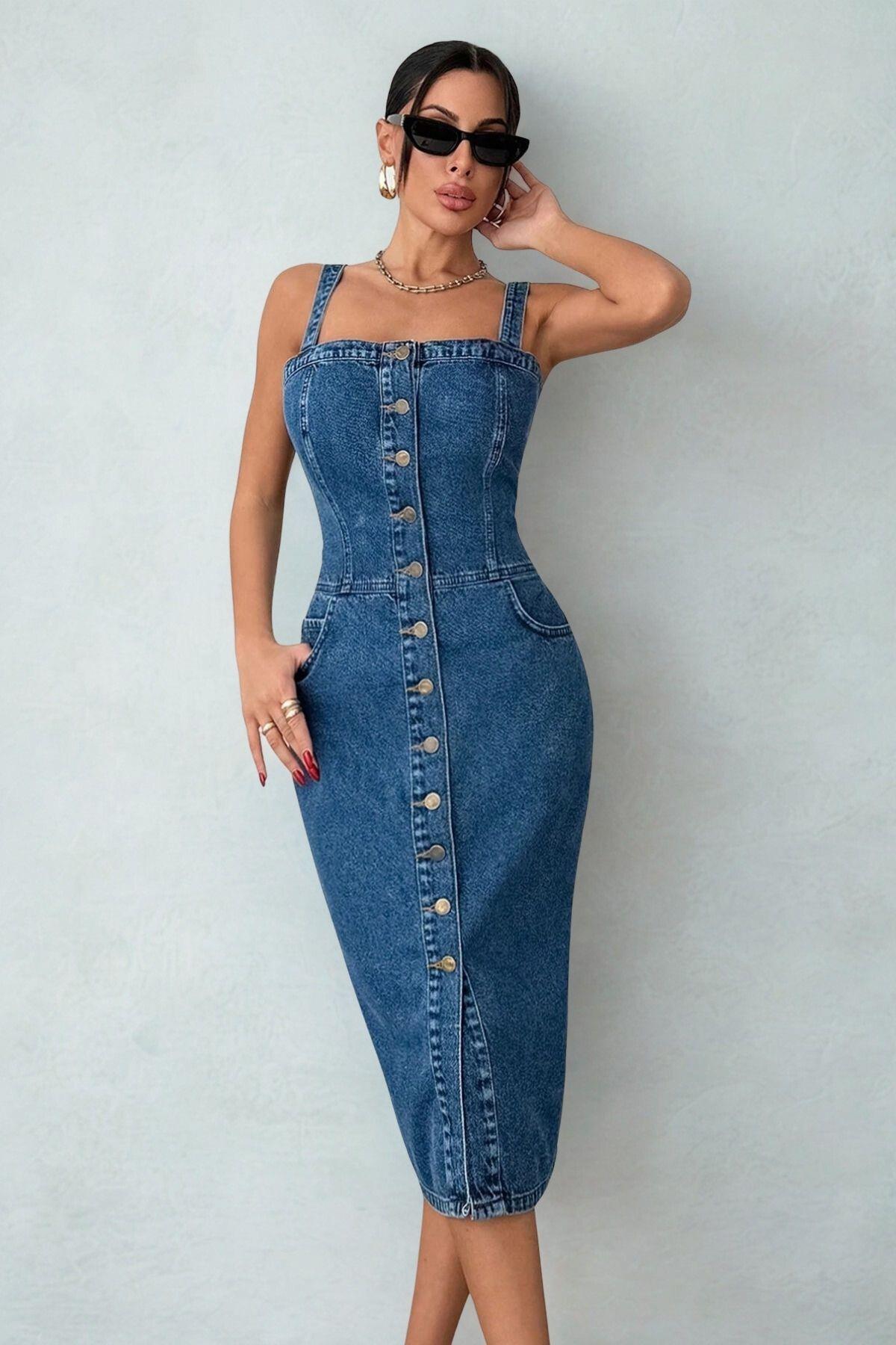 Polo State  Kadın Düğmeli Midi Boy Kot Elbise - Görsel 2