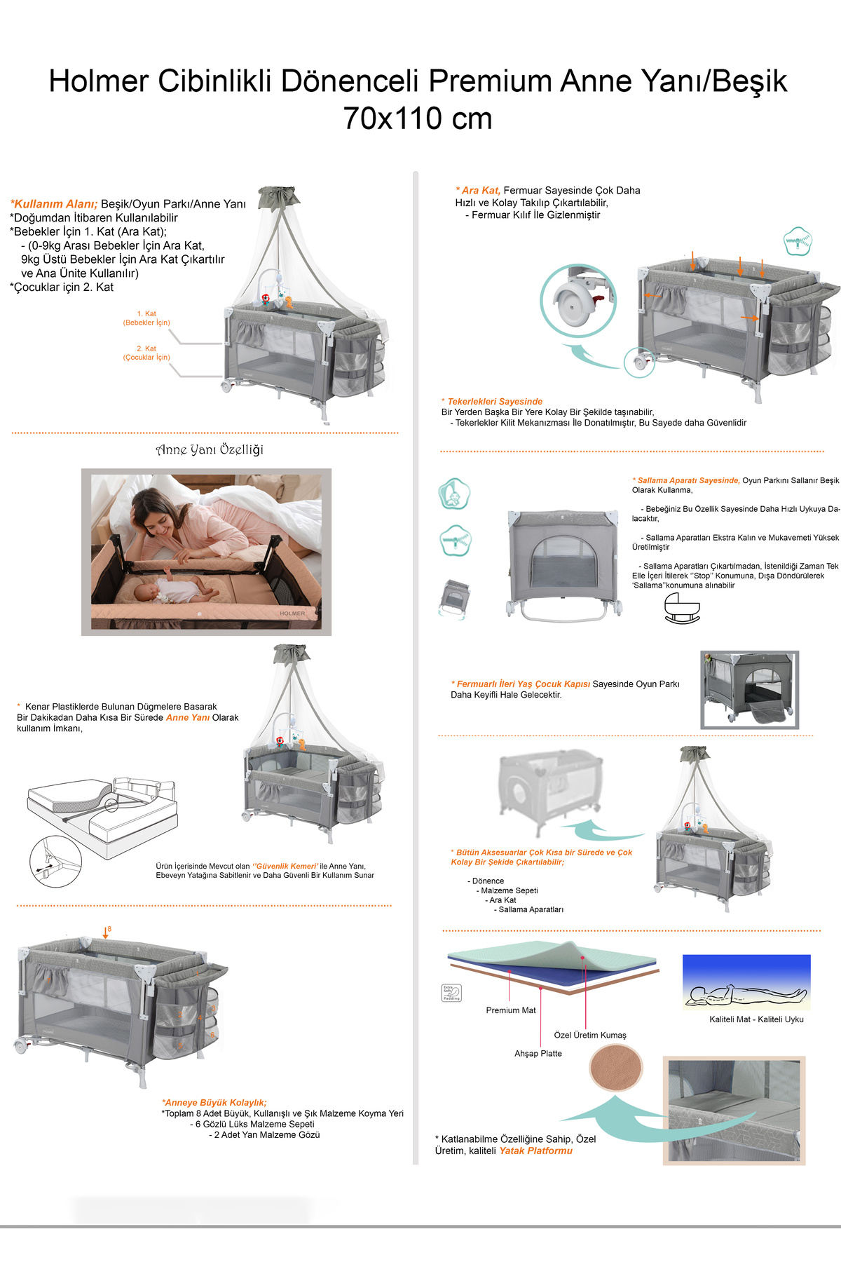 Holmer (YATAK HEDİYELİ) Oyun Parkı/ Anne Yanı/Park Yatak Cibinlikli Dönenceli 70x110cm GRİ fotoğrafı 5 (önizleme)