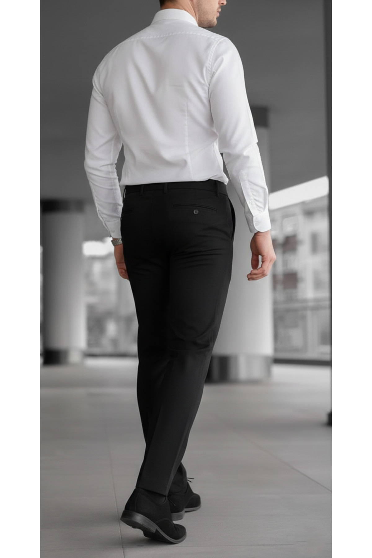 MY VİNTAGE  Erkek Slim Fit Likralı Bilek Boy Italyan Kesim Siyah Kumaş Pantolon - Görsel 4