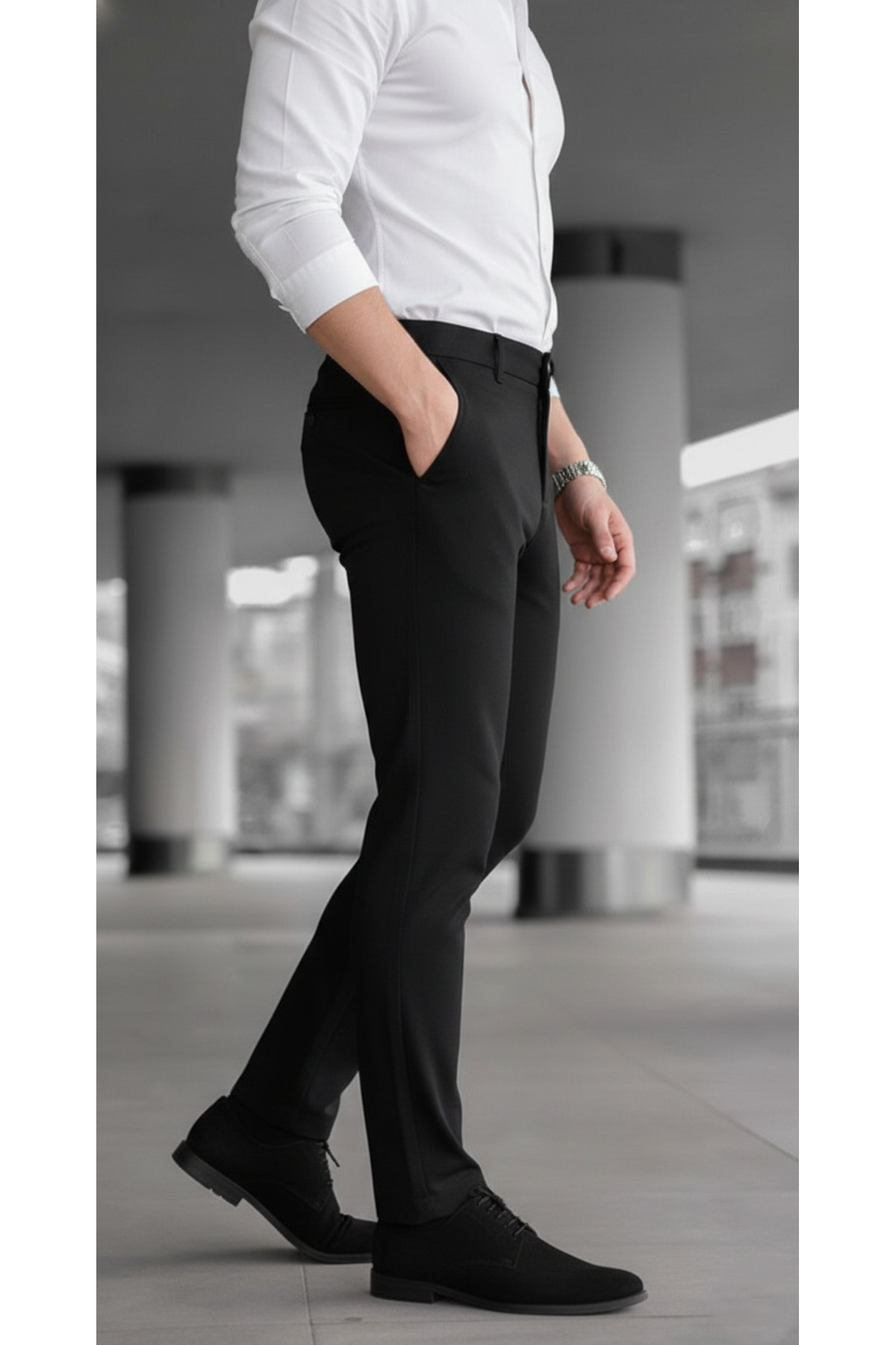 MY VİNTAGE  Erkek Slim Fit Likralı Bilek Boy Italyan Kesim Siyah Kumaş Pantolon - Görsel 6