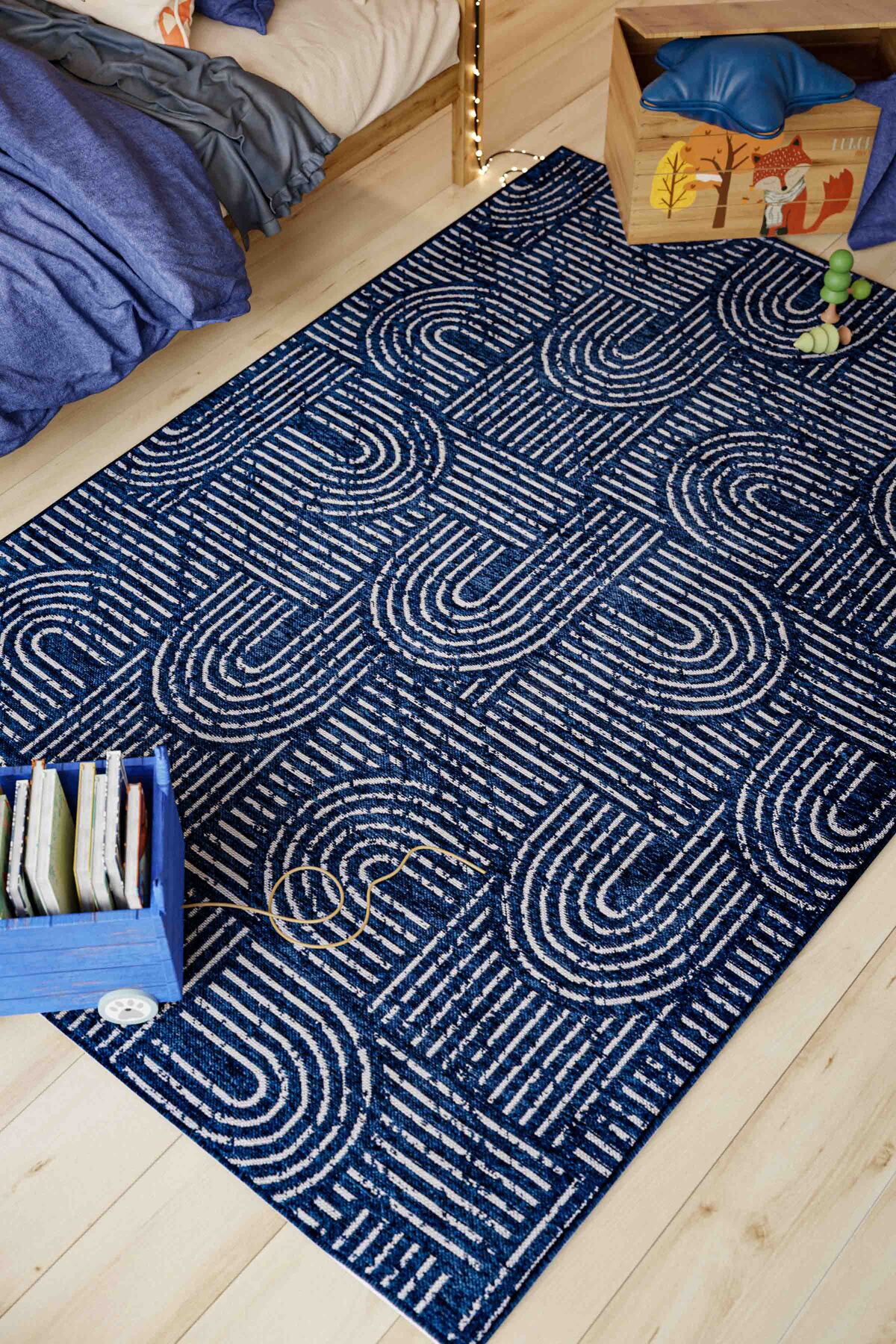 Mia Navy Blue Viscose Woven Non-Slip Sole Washable Children's Rug 1467