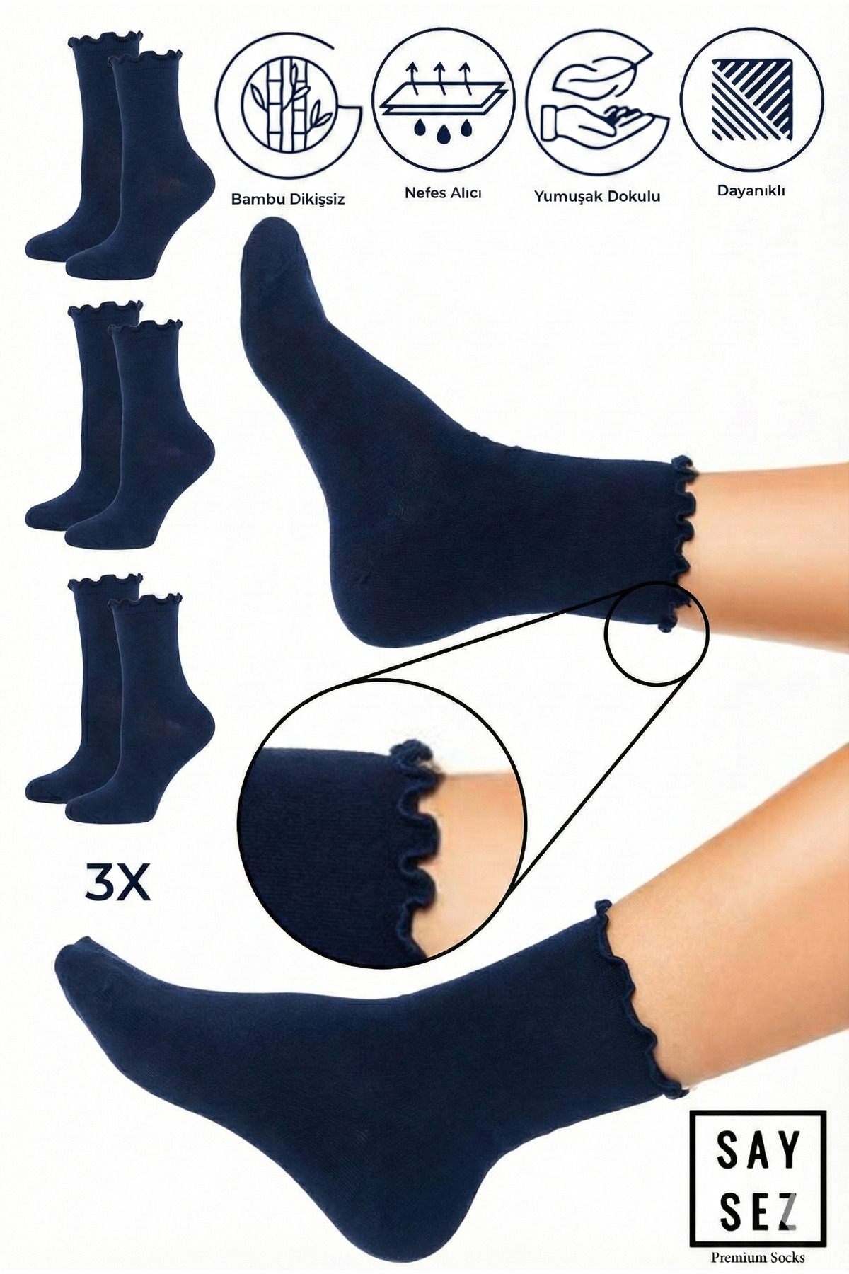 Bamboo Women's Elastic-Free Navy RUFFLE Socket Seamless Socks 3-Pack /No Trace/No Squeeze Socks