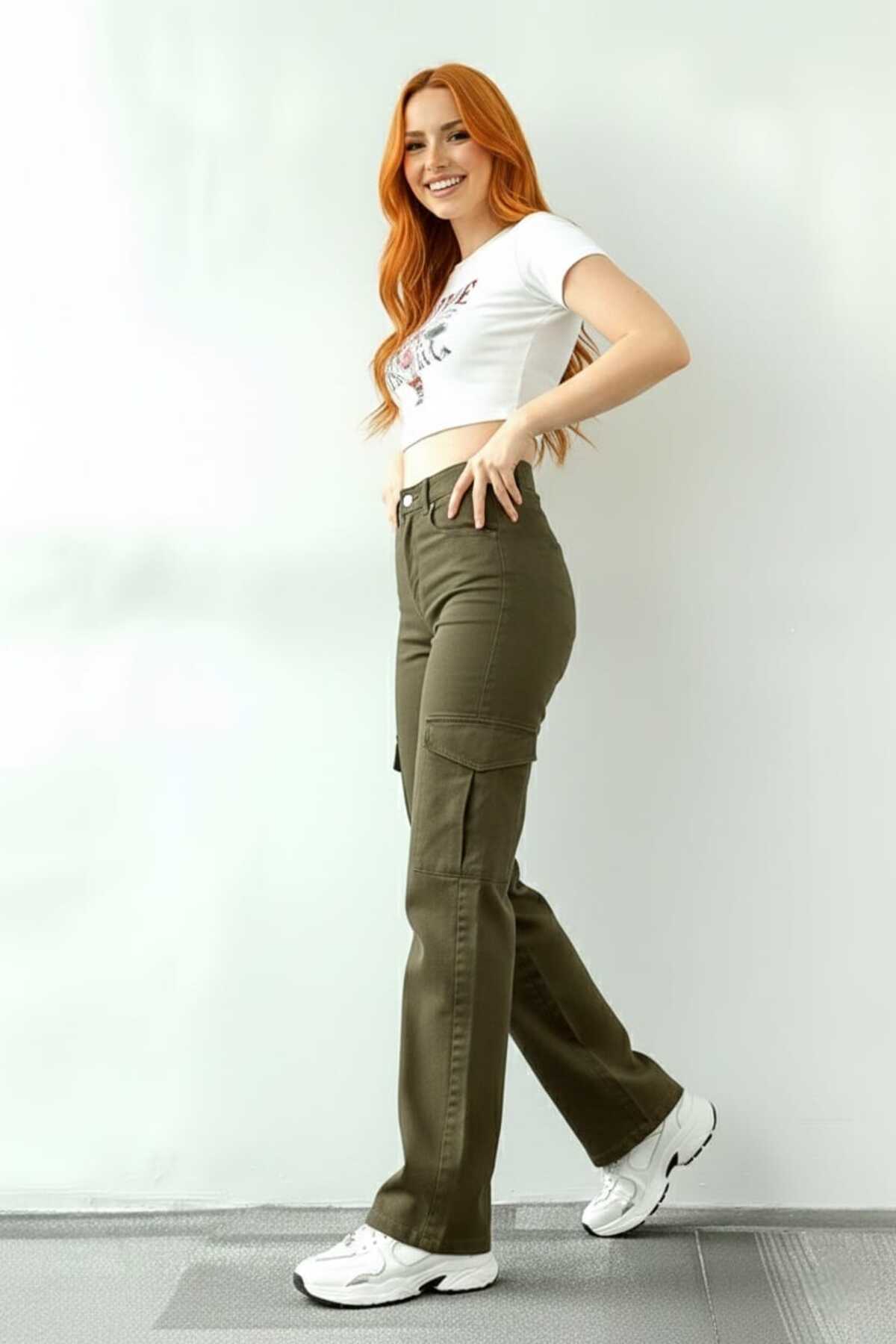 Trn JNS  Maribel Likralı Salaş Kargo Arka Cepsiz Haki Süper Yüksek Bel Salaş Paça Denim Kot Pantolon